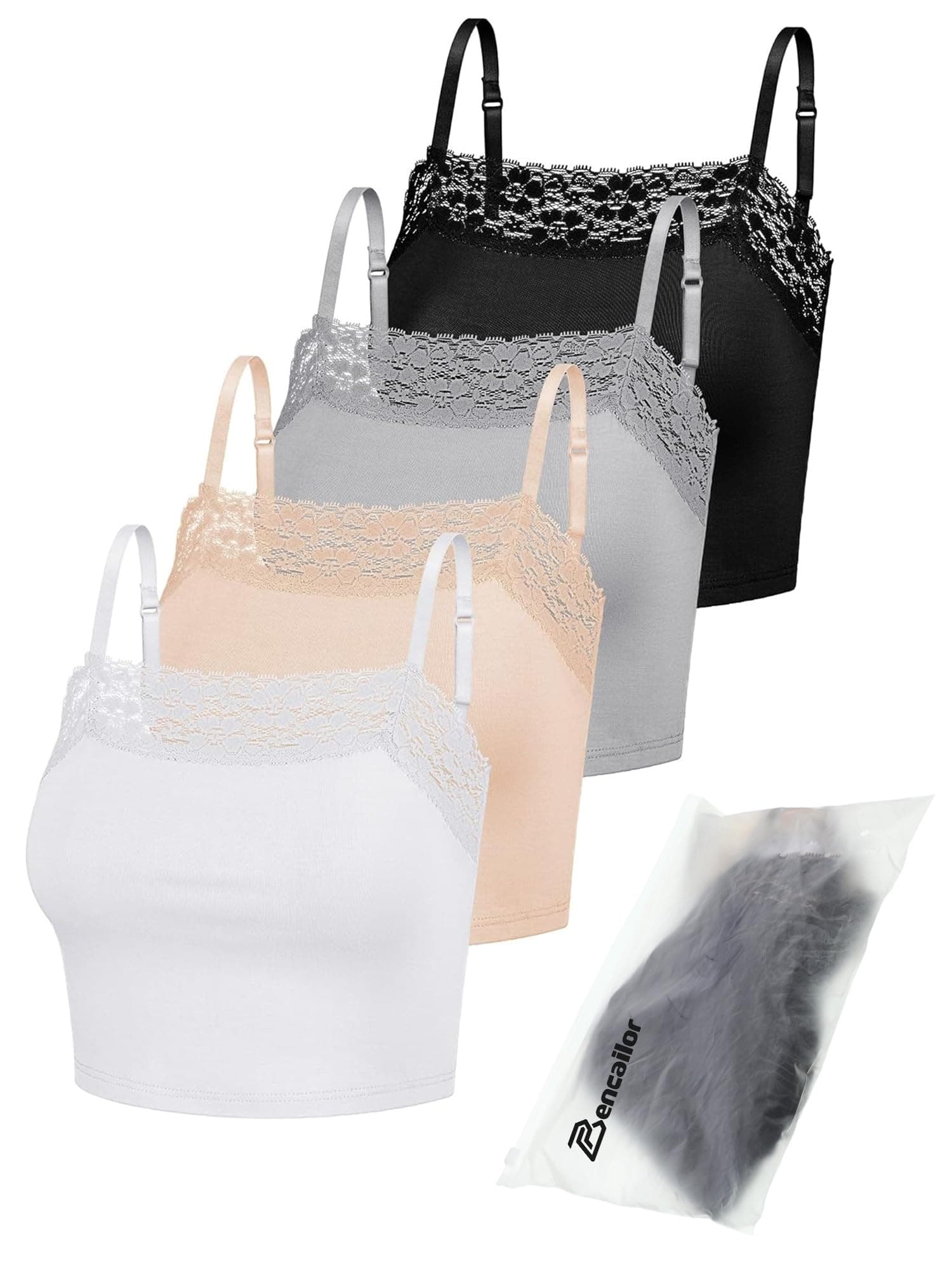 Pack of 4 Women's Camisole Crop Tops with Lace Trim Lace Cami Tops for Girls