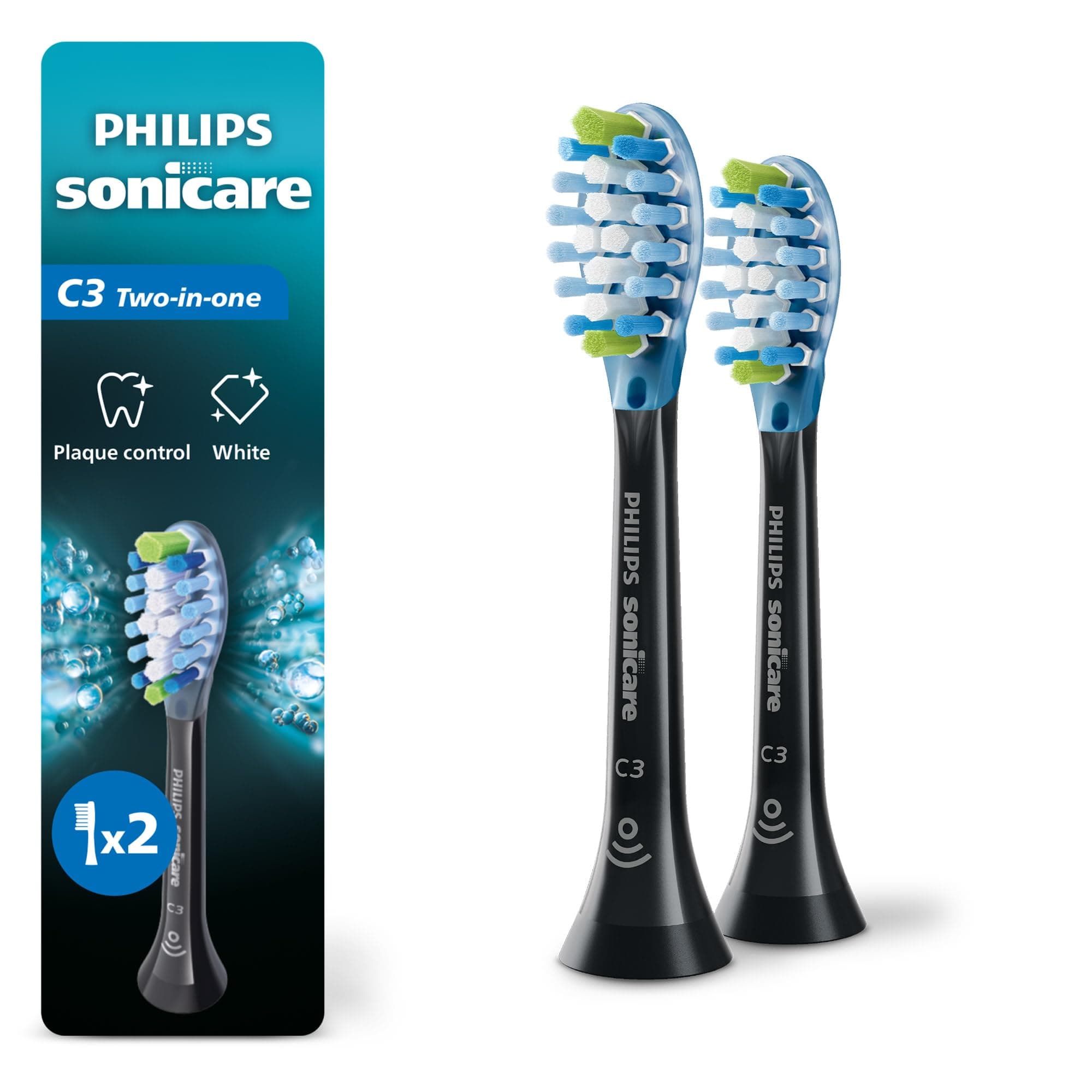 C3 Two-in-One - Genuine Replacement Electric Toothbrush Heads, Black, 2 Pack, HX9042/95