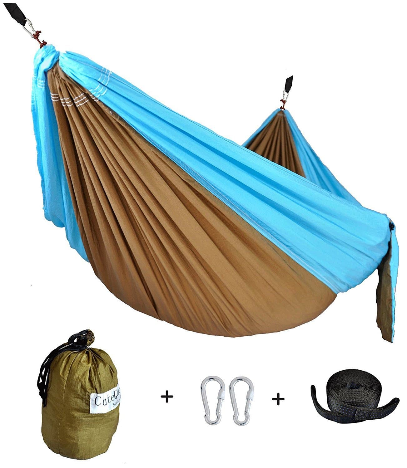 Cutequeen Trading Double Nest Ultralight Portable Outfitters Parachute Nylon Fabric Hammock for Travel Camping,Backpacking,Kayaking,Color: Olive/Sky Blue