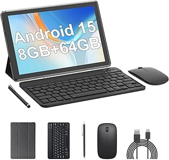 2 in 1 tablet 10 inch android 14 tablets with keyboard 64GB ROM 8GB RAM 1TB expansion support 10.1 inch tablet includes mouse case stylus tab 8MP+2MP cameras 6000mAh battery