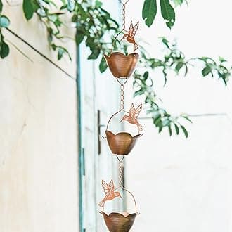 Topadorn 7.85 FT Rain Chains Decorative Iron Gutter Chain with 12 Rain Collector Cups with Hummingbird Petal Iron Flower Cups Garden Decorative