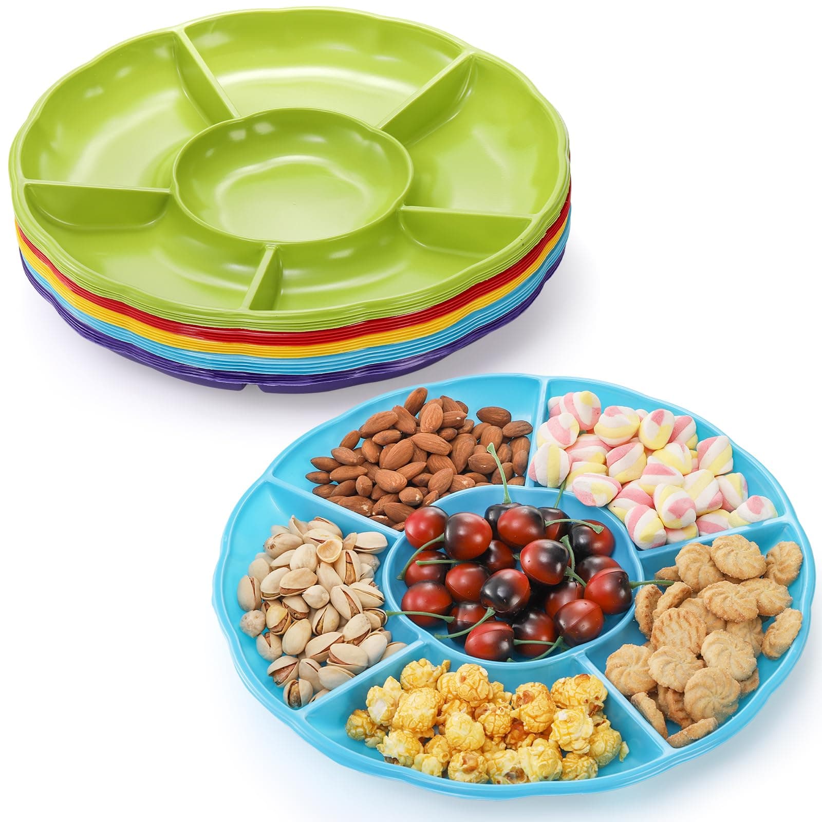 Frcctre 20 Pack 6 Sectional Round Plastic Appetizer Snack Serving Platter, 12 Inch Divided Food Tray Nut Candy Veggie Fruit Dish