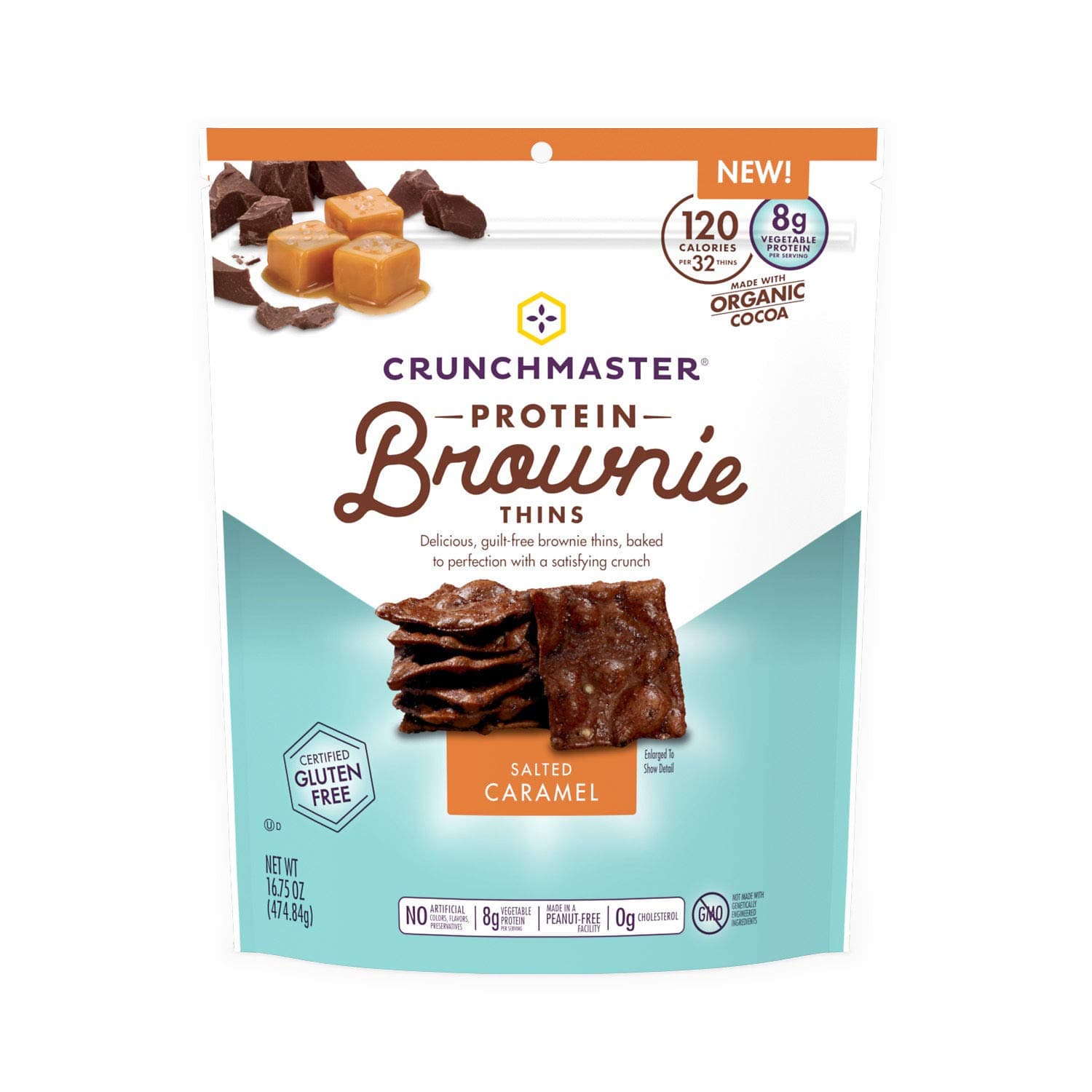Crunchmaster Protein Brownie Thins, Salted Caramel Extra Large Resealable Bag 16.75 oz