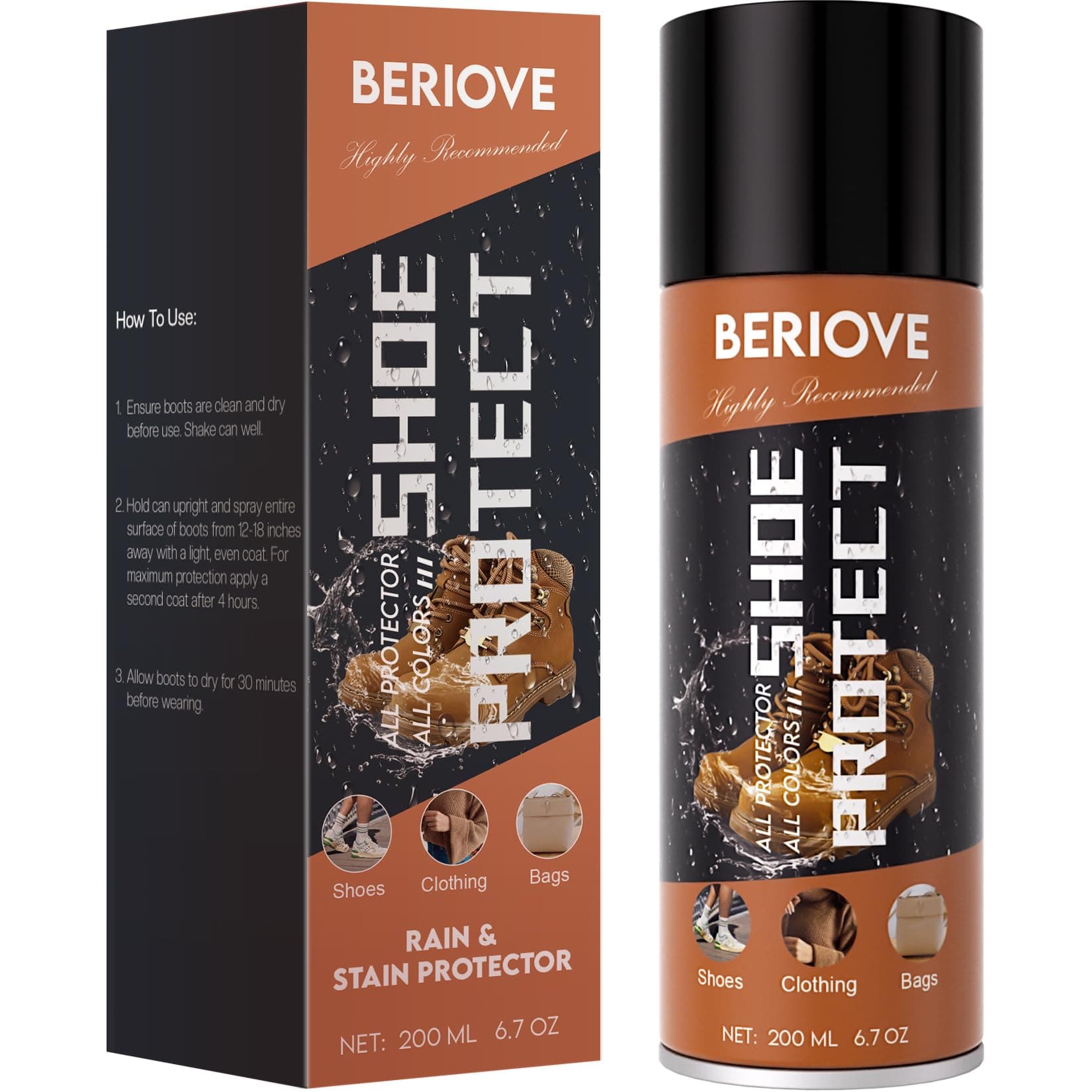 BERIOVE Protect Shoe Protector Spray - Rain and Stain Resistant - Waterproofing Spray for Leather, Nubuck, Suede Hats