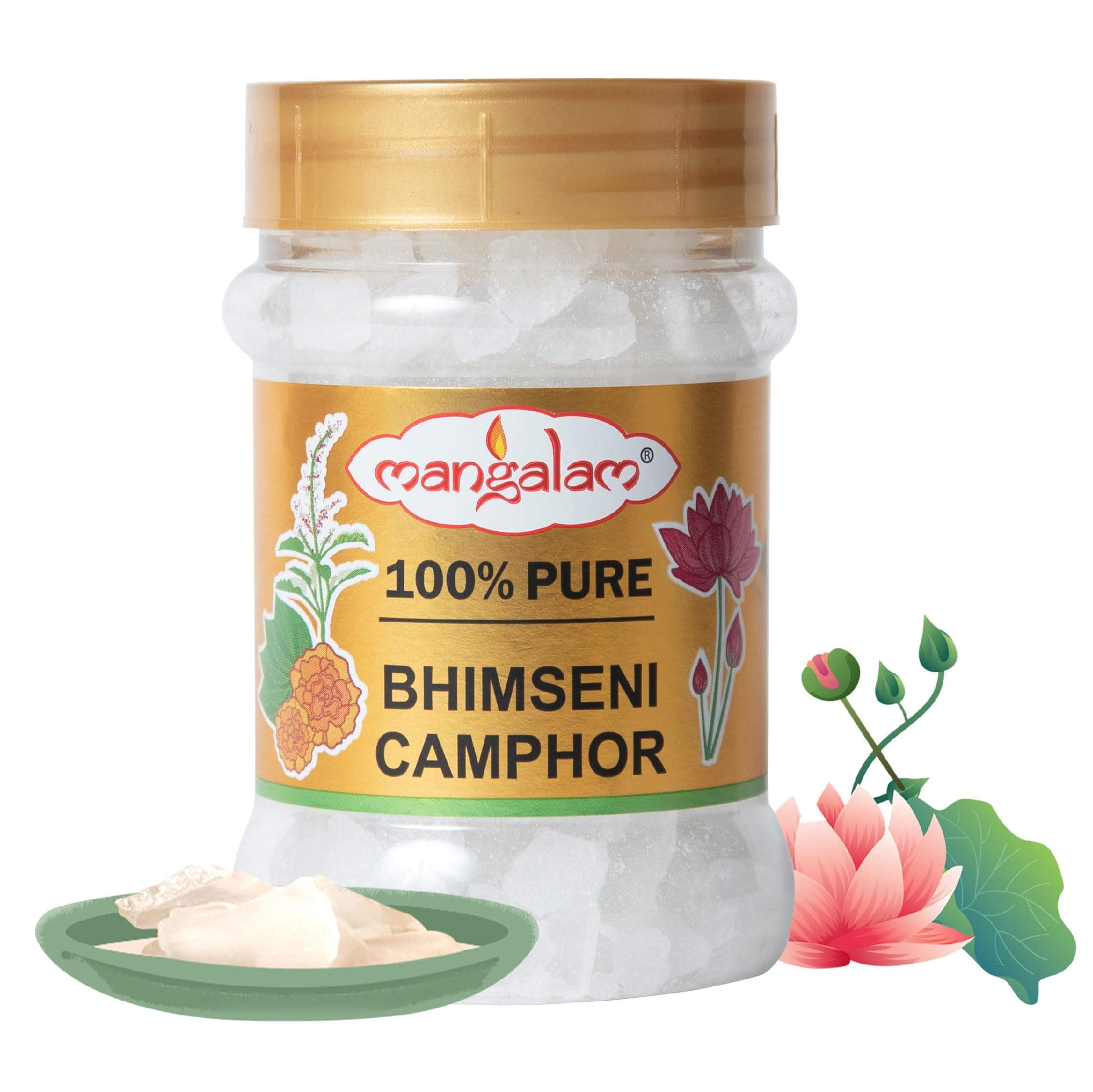 MANGALAM Bhimseni (Original) Camphor 100g Jar - Pack Of 1 | 100% Pure | For Puja, Aromatherapy & Air Freshener | Sweet Fragrance