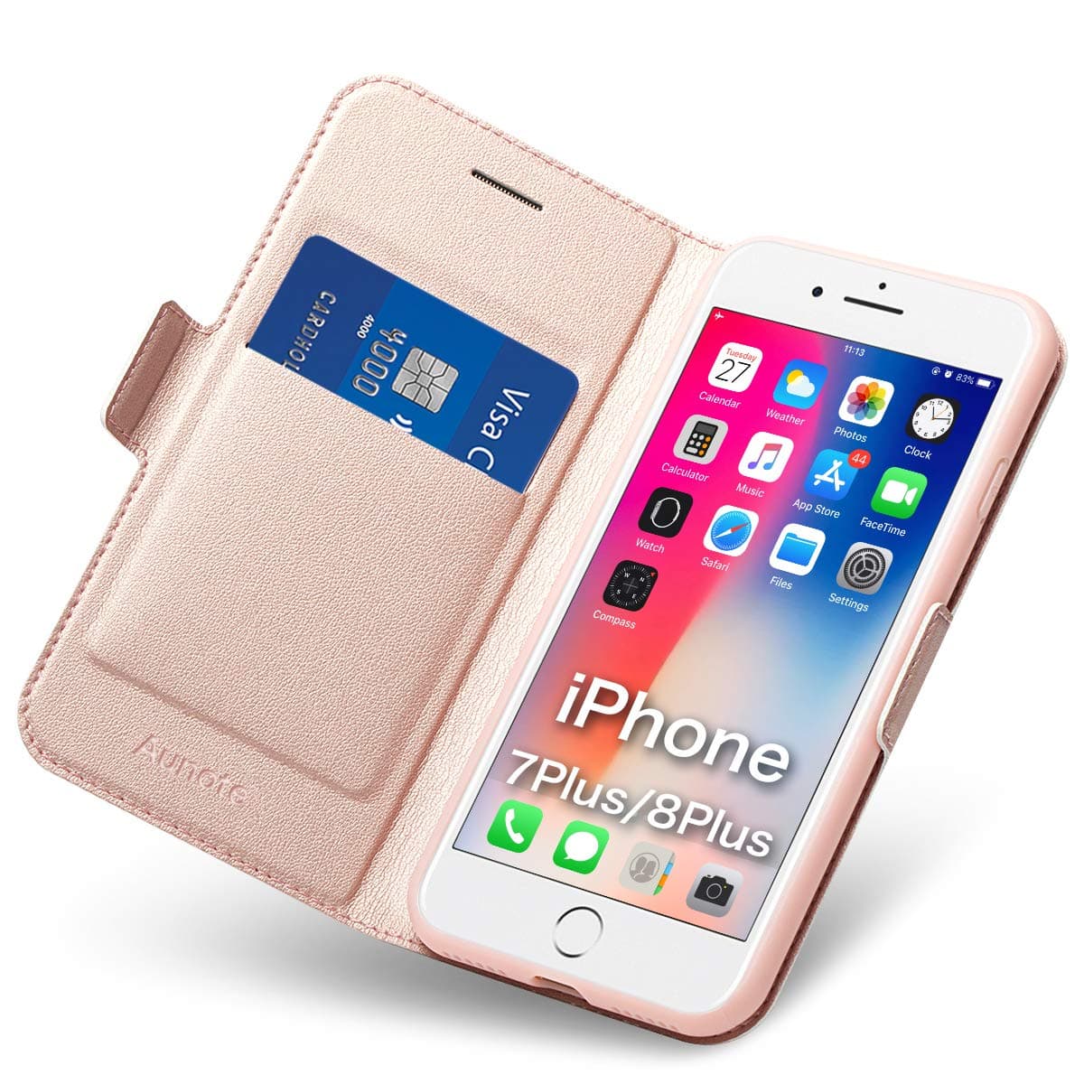 AunoteiPhone 8 Plus Wallet Case, iPhone 7 Plus Flip Case with Card Holder, Magnetic Closure, Kickstand, Ultra Slim PU Leather Folio Phone Cover Full Protection for iPhone 7 Plus/8 Plus. Rose Gold