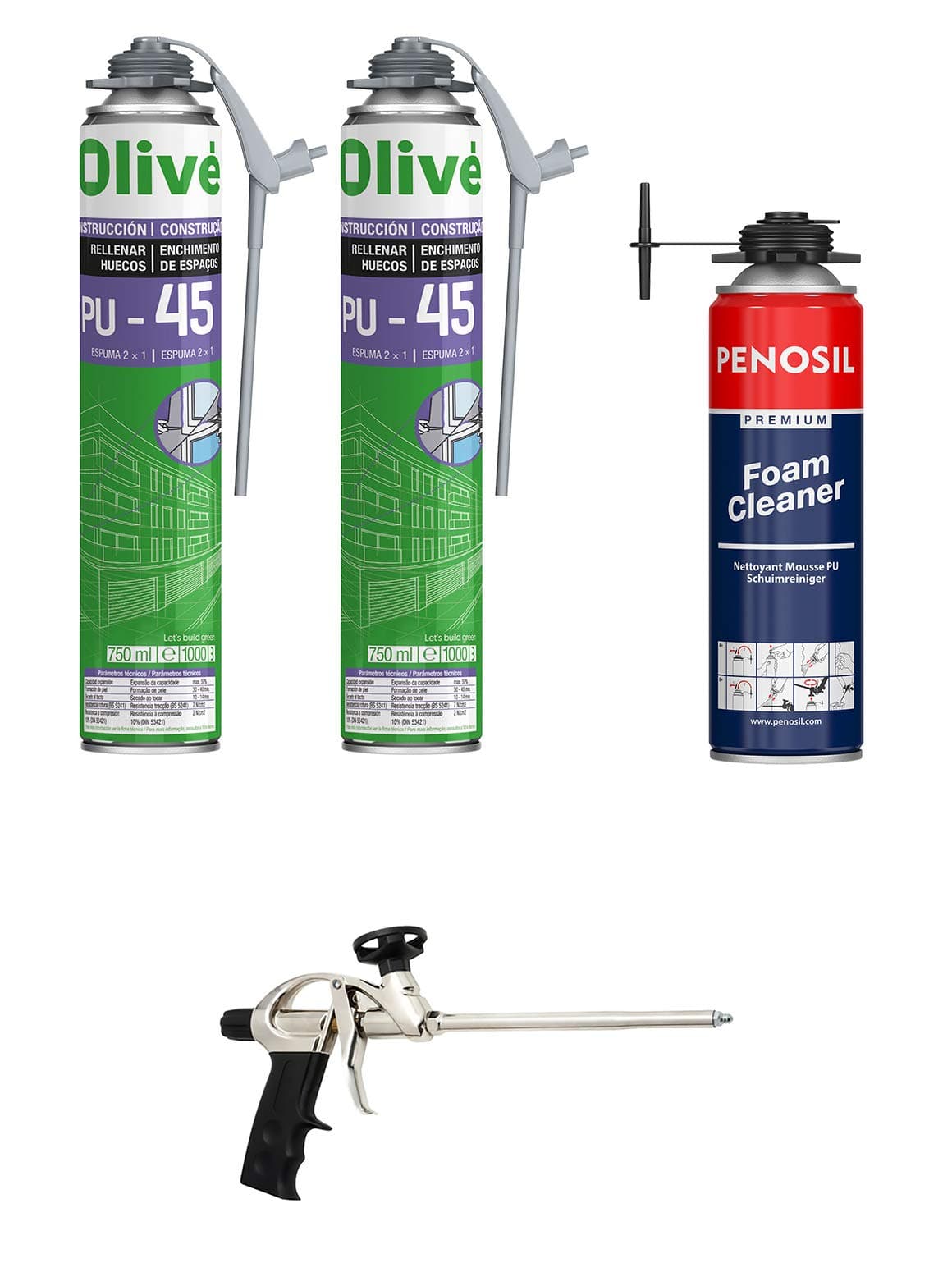 Set of 2 Polyurethane Expanding Foam Canisters 750 ml for Sealant Gun + 1 Sealant Gun + 1 Cleaner