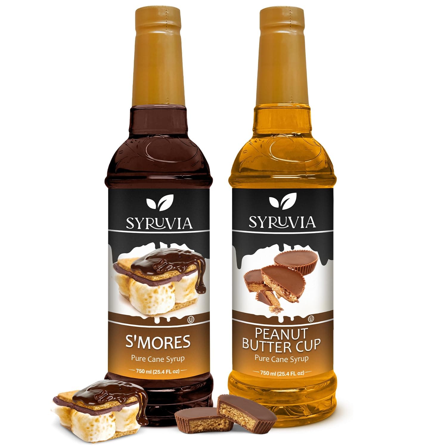 Syruvia Coffee Syrup Variety Pack - Peanut Butter Cup & S'mores- Gluten-Free, Kosher, 25.4 fl oz Bottles - Enhance Your Coffee Experience with Premium Flavoring Syrups