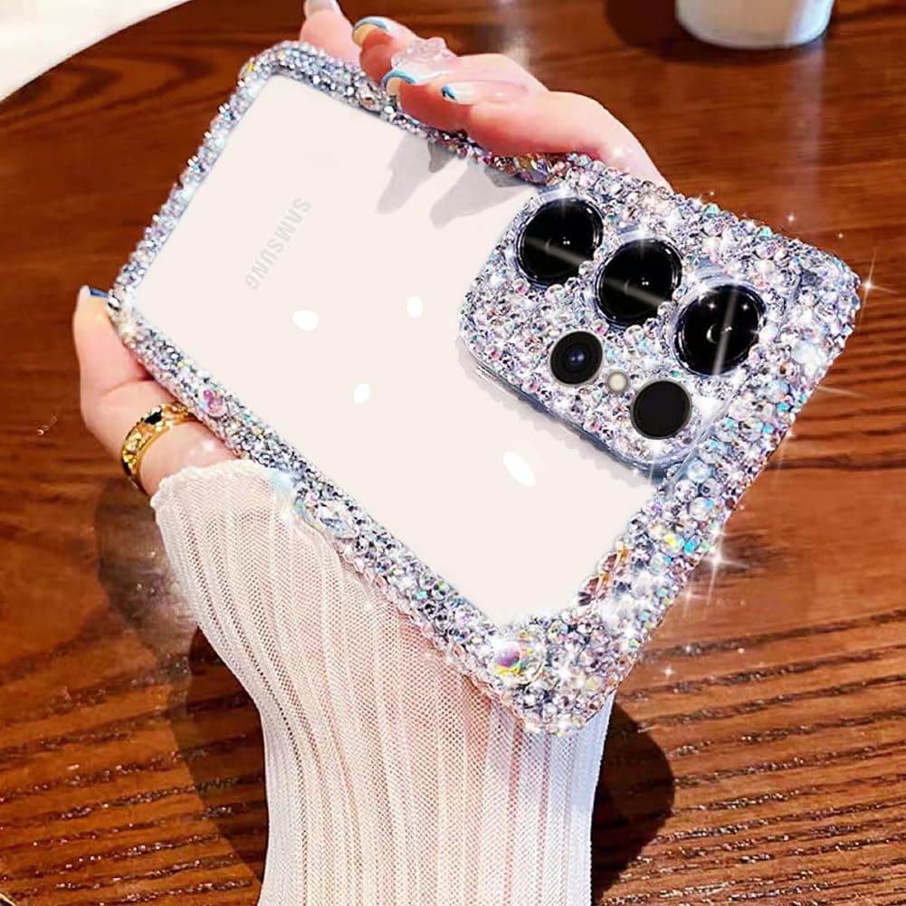 Cavdycidy Compatible with Samsung Galaxy S24 Ultra Bling Clear Case for Women,Glitter Phone Case with Sparkle Rhinestone Diamond Camera Protection，Airbag Anti-Fall Crystal Hard Cover for Girl