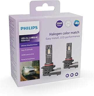Philips WeatherVision LED car headlight bulb (HB3/HB4), ultra-compact direct-fit, Halogen color match, easy install, LED performance, 3500K, set of 2