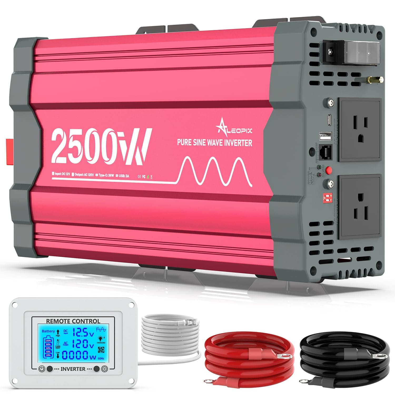 2500 Watt Pure Sine Wave Power Inverter 12V DC to 110V 120V Converter for Home, RV and Off-Grid Solar Systems with Type-C Port, 2 AC Outlets, Dual USB Ports, Remote Control with LCD Screen