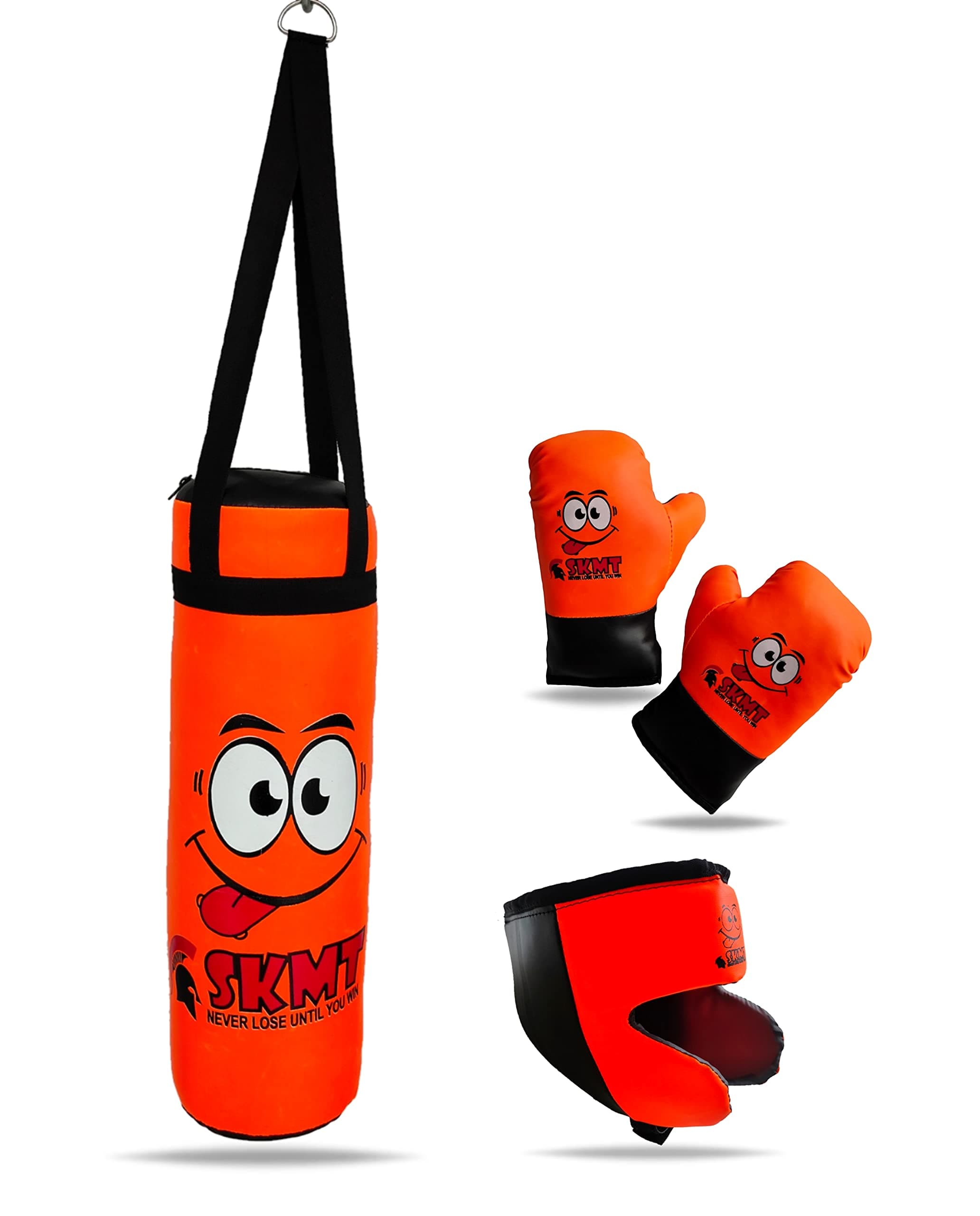 SKMT NEVER LOSE UNTIL YOU WIN Kids Boxing Kit with Filled Punching Bag, Gloves and Headgear, Age Group 2-7 Years & 7-13 Years (Orange, Age Group 2-8 Years)