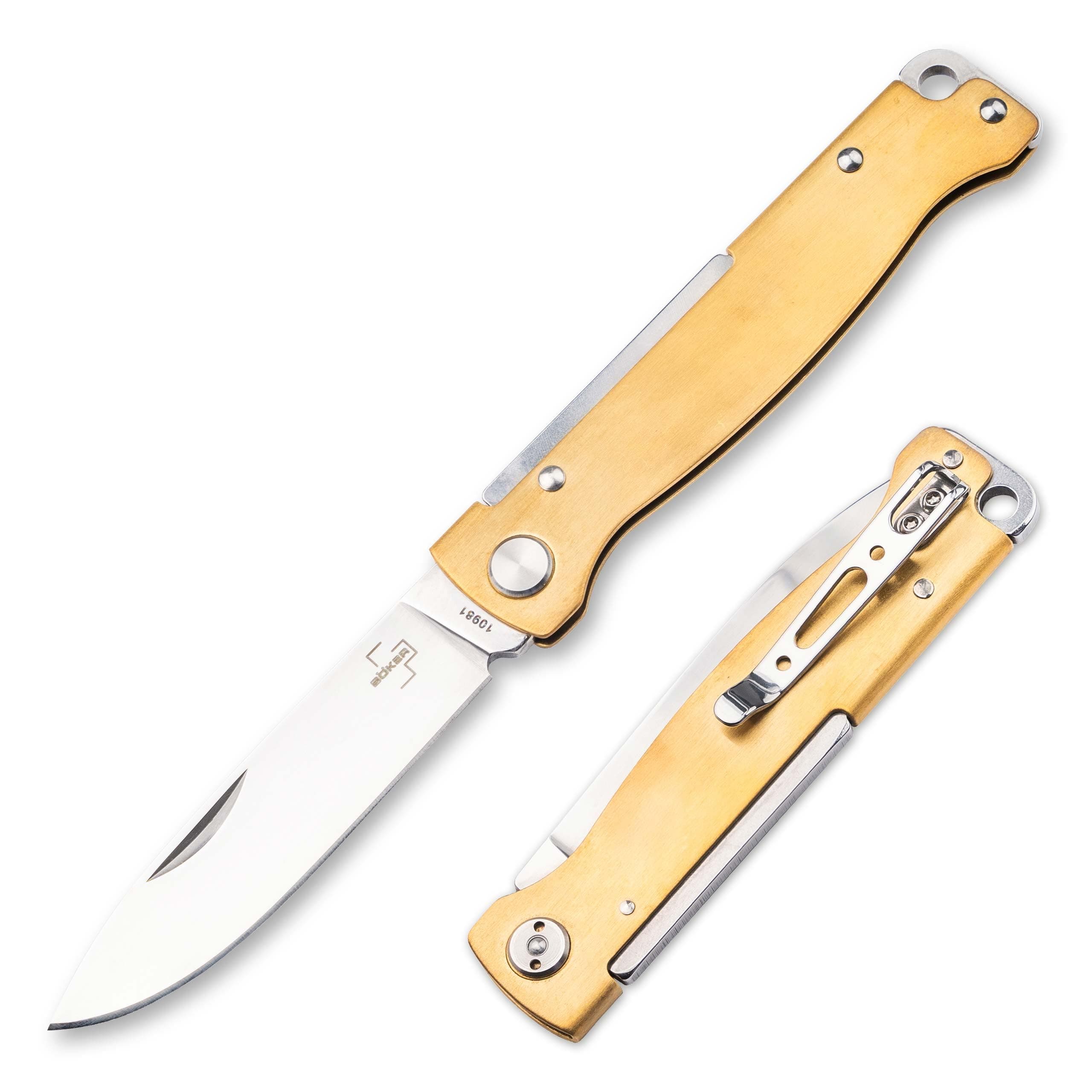 BOKER PLUS® Atlas Brass - Small Slipjoint 2-handed Pocket Knife - EDC Folder with Metal Handle - lightweight Full-Metal Knife with pocket clip - Vintage 12C27 Sandvik all purpose Brass