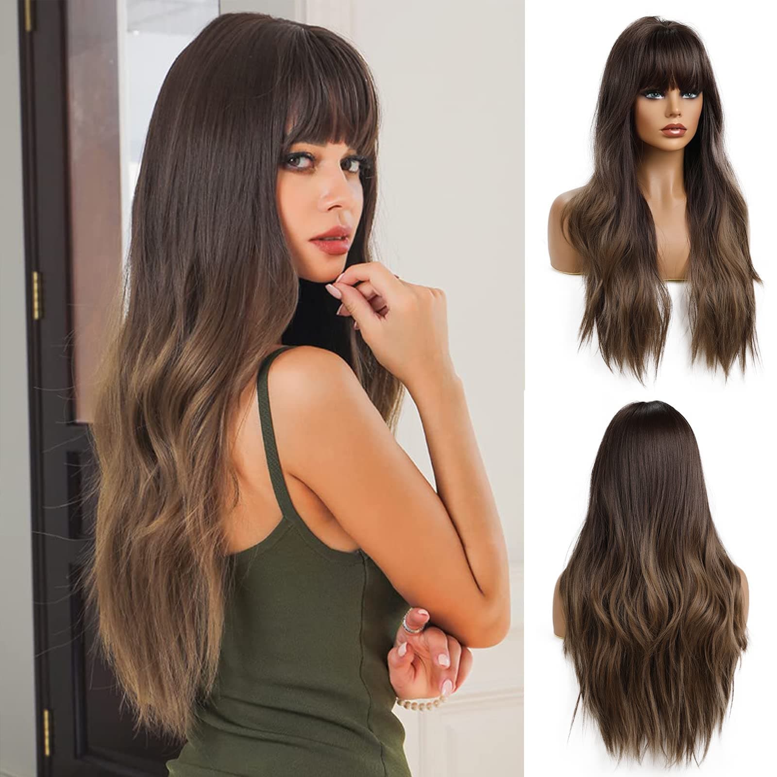 Esmee 24 Inch Long Dark Brown Ombre Wig with Bangs for Women Synthetic Wigs Natural Wave Heat Resistant Hair Wigs for Daily Party Cosplay