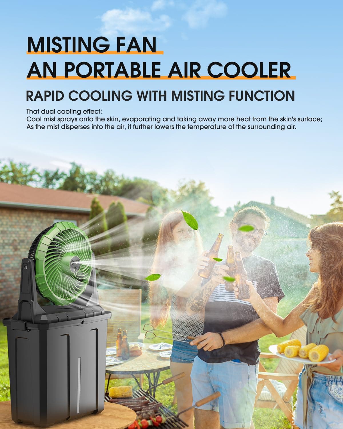 Portable 9L Bucket Misting Fan，3 Large Spray Outlets Floor Mist Desk Fan，Mister Fans for Outside, Patio,Home,Camping,Work.