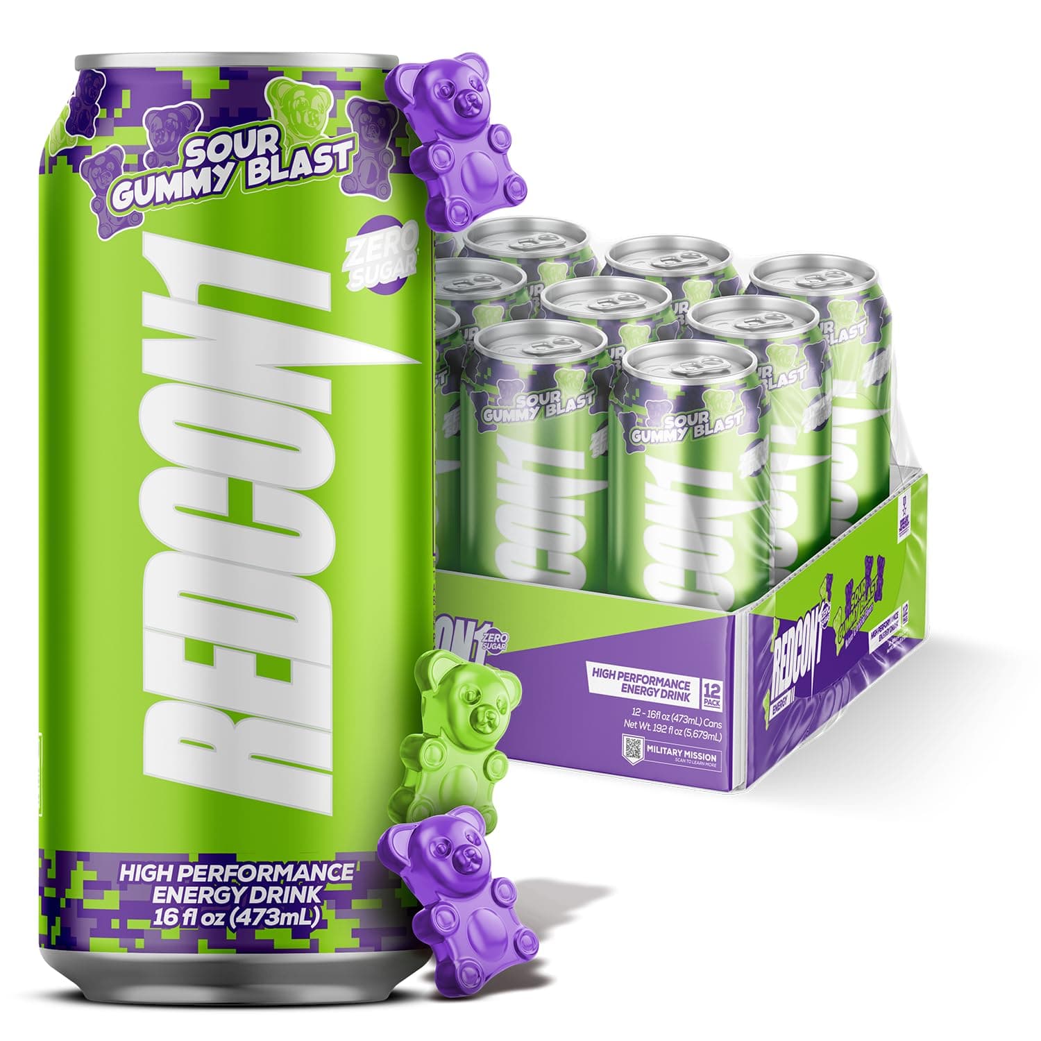 REDCON1 Energy High Performance Drink, Sour Gummy Blast - Zero Sugar Energy Drink with Alpha GPC Nootropic - 200mg Natural Caffeine from Green Coffee Beans - Vitamin B6, B12 & B5 to Boost Mood (12 ct)