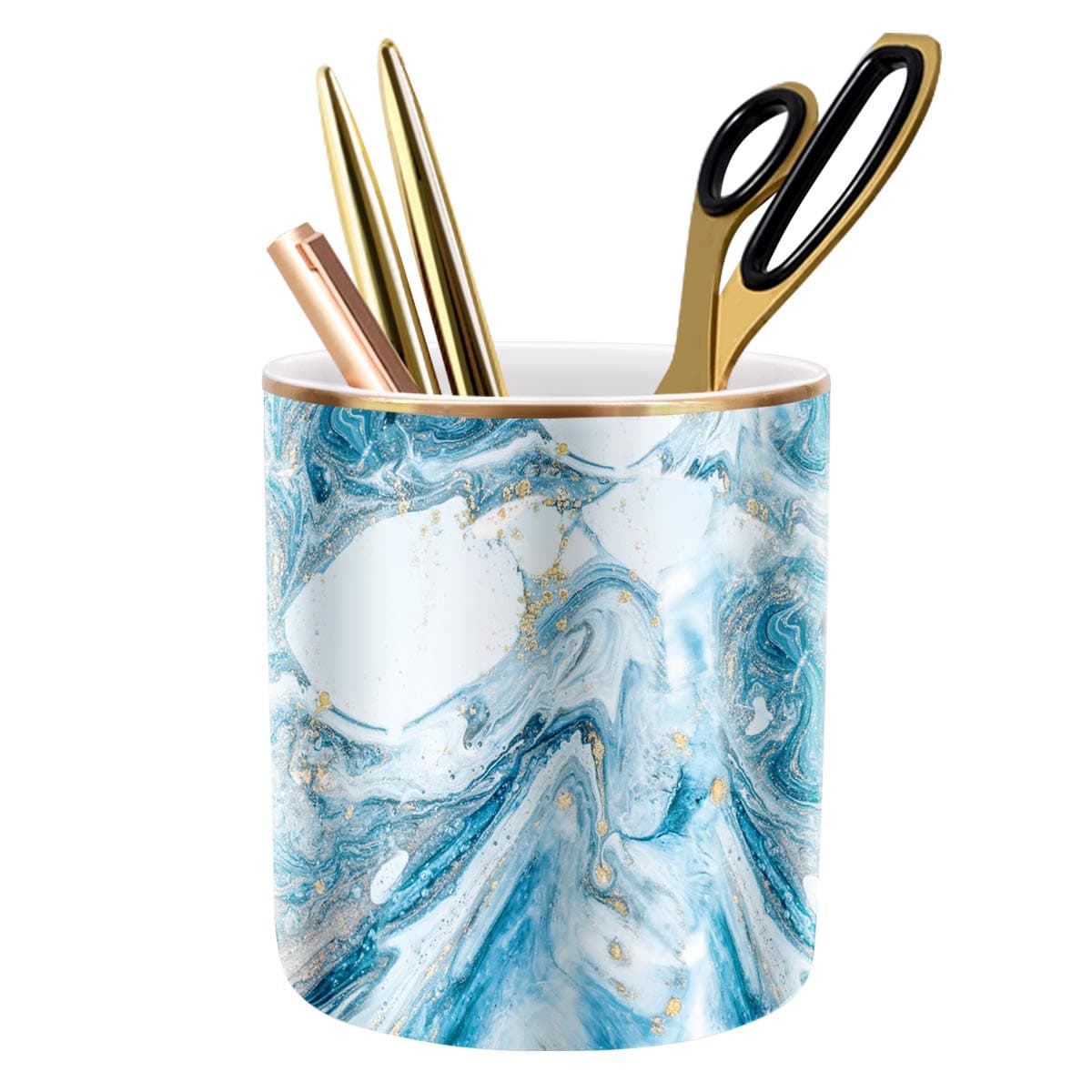 WAVEYU Pen Pencil Holder for Desk, Marble Desk Decor Organizer, Durable Ceramic Pencil Cup Holder Marble Design Makeup Cups for Brushes for Office, Classroom, Blue