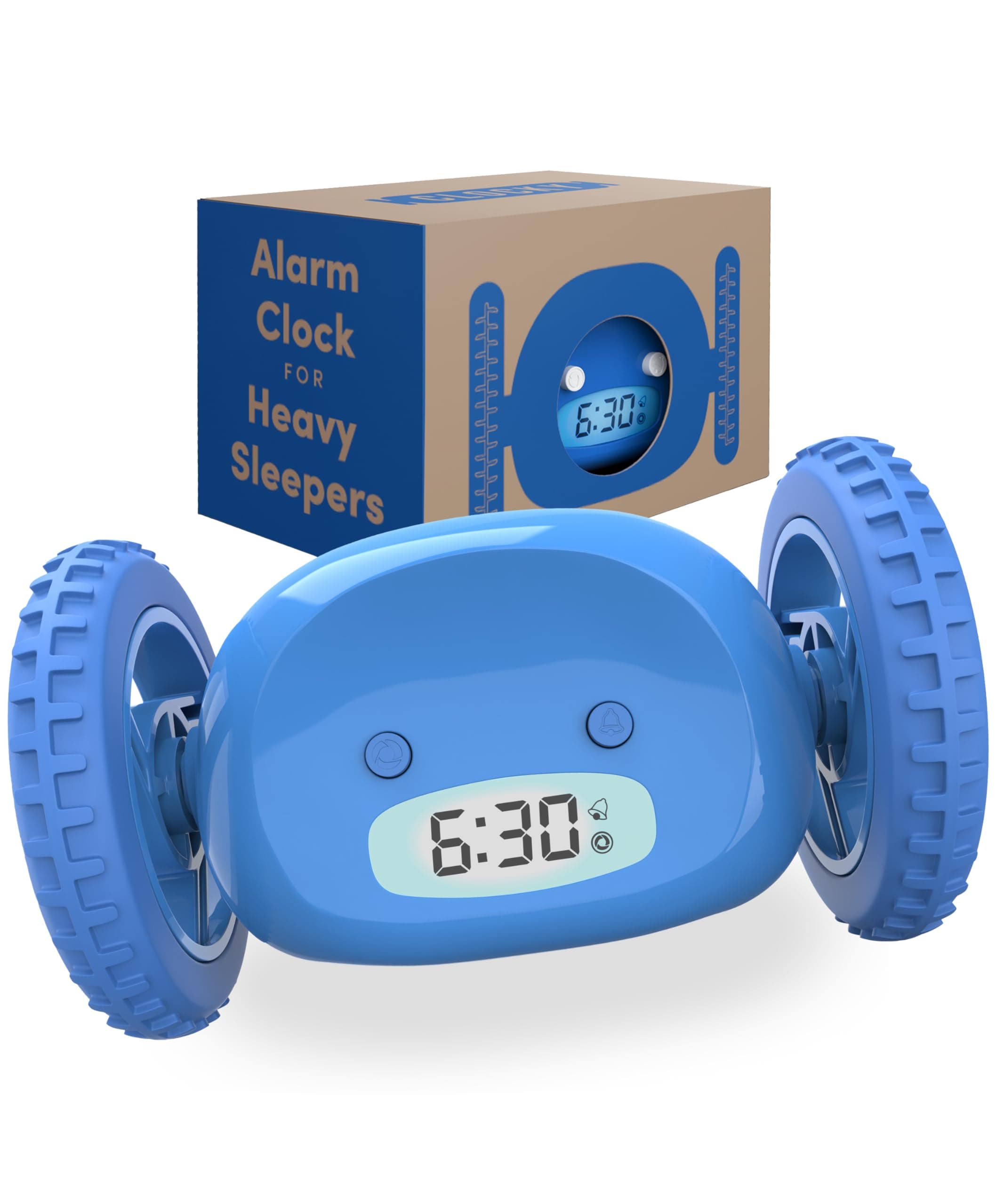 Loud Alarm Clock For Heavy Sleepers on Wheels (Adults Kids Teens Bedroom) Run Away Moving Annoying Jump Roll 1-Time Snooze, Wake Up Energized, Digital- Funny Gift (Blue)