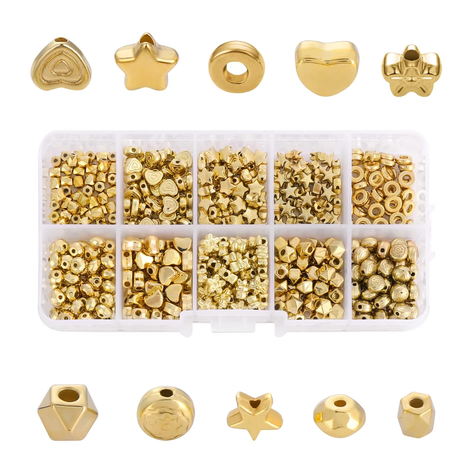 500 Gold Beads - 10 Styles Include Star, Round, Spacer, Rondelle, Faceted Heart - Loose Beads for DIY Bracelet