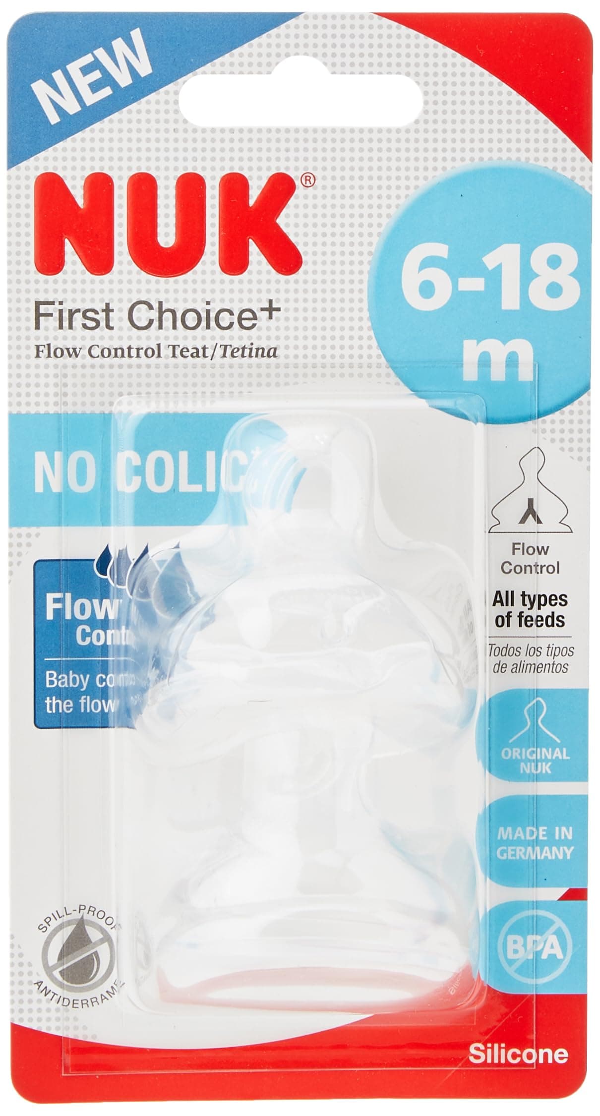 NUK First Choice+ Teats for Baby Bottles | 6-18 Months | Flow Control | Anti-Colic Vent | BPA-Free | 2 Count