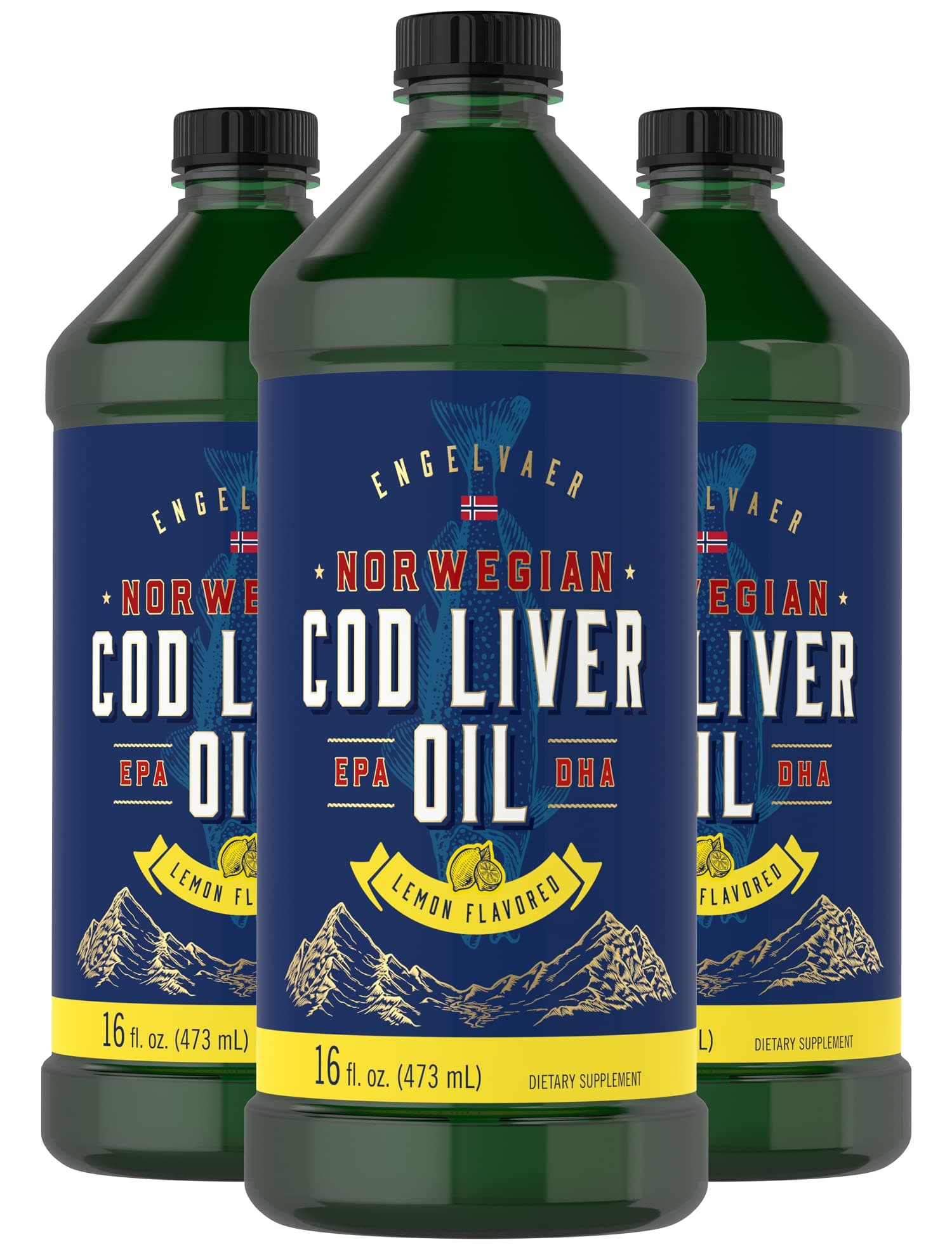 Cod Liver Oil Liquid | 16 fl oz | Pack of 3 Bottles | Lemon Flavor | Norwegian | Non GMO, Gluten Free