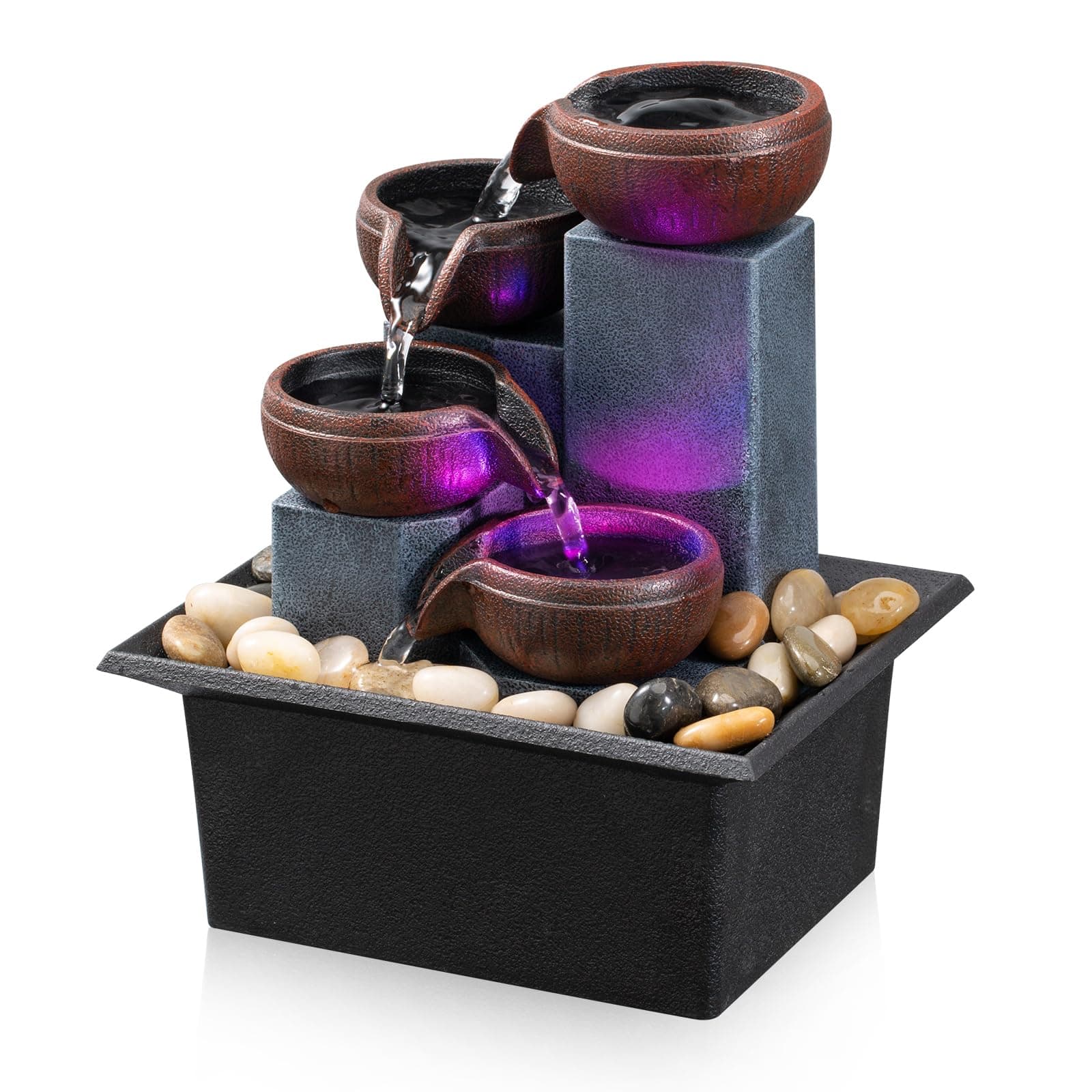 Tabletop Fountain 4 Level Small Waterfall Fountain Indoor Relaxing Water Feature Meditation Fountain for Home Office Bedroom Decoration Including LED Lighting Natural Rocks as Festival Gifts