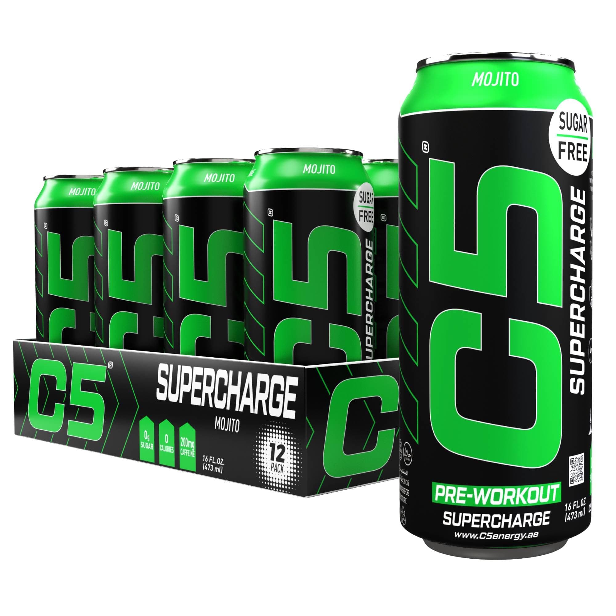 C5 Energy Drink Supercharge Mojito Pre-Workout, 200mg Caffeine, Sugar Free, Zero Calories, with Beta Alanine, L-Arginine, 473ml