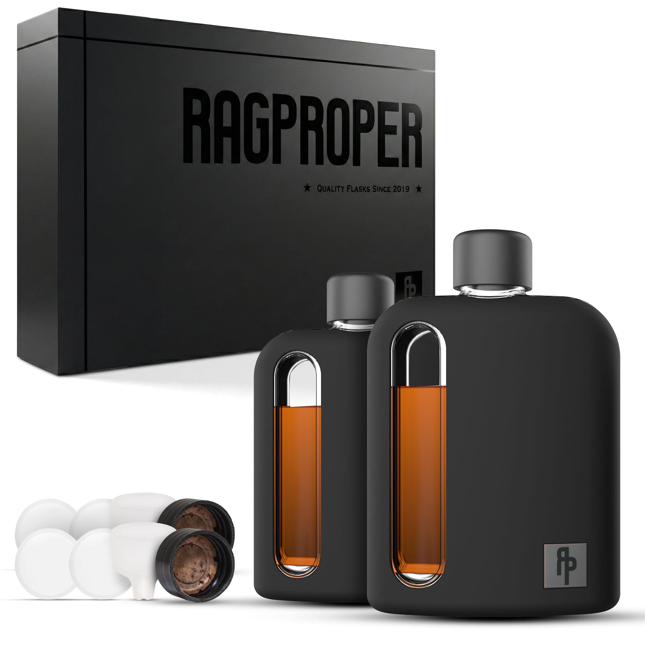Modern Glass Hip Flask - Glass Flask Bottle with Caps for Liquor, Durable Liquor Glass Flask with Cork Lids, Pour Funnel, Black Silicone Flask Sleeve, Single Shot 100ml + Double Shot 240ml