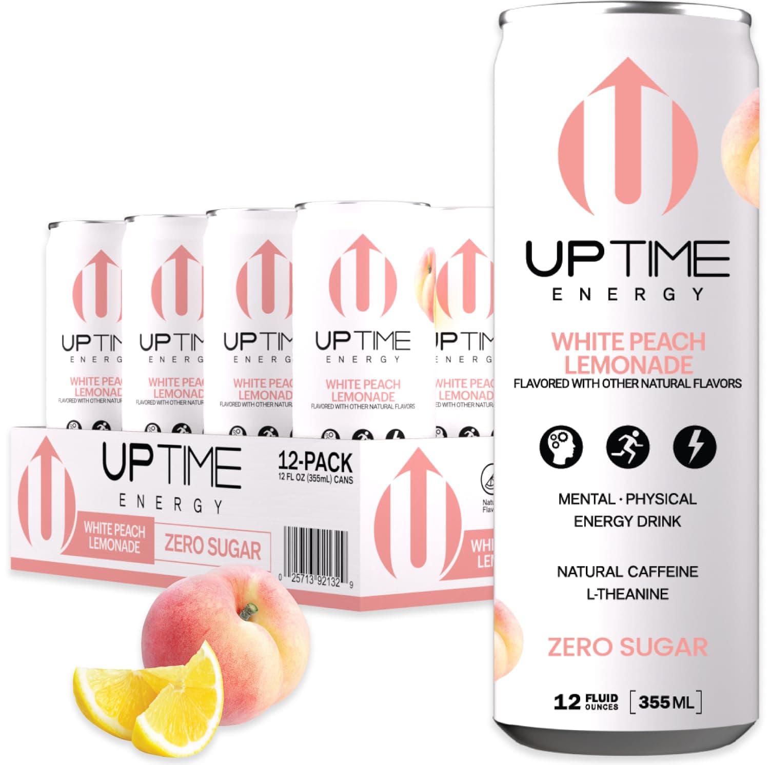Energy Drink, White Peach Lemonade Sparkling, 12 Pack, Vitamin C, L Theanine, Calcium, Sugar Free Energy Drinks for Focus Support, 142mg of Natural Caffeine, 5 Calories, Clean, 12 fl oz Cans