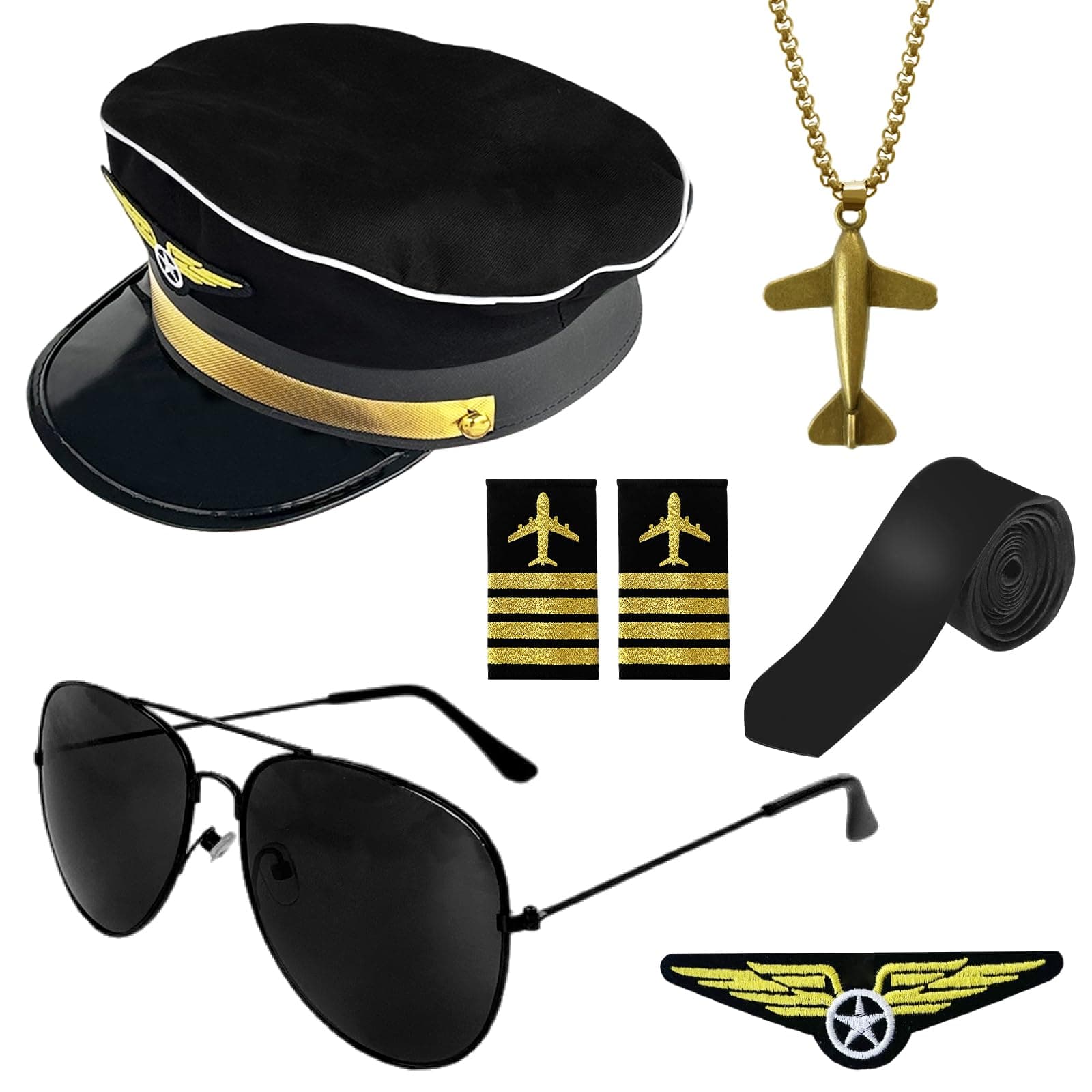 6 Pcs Airline Pilot Captain Costume Kit with Aviator Sunglasses,Pilot Costume Accessories Set for Aviation Halloween Dress Up