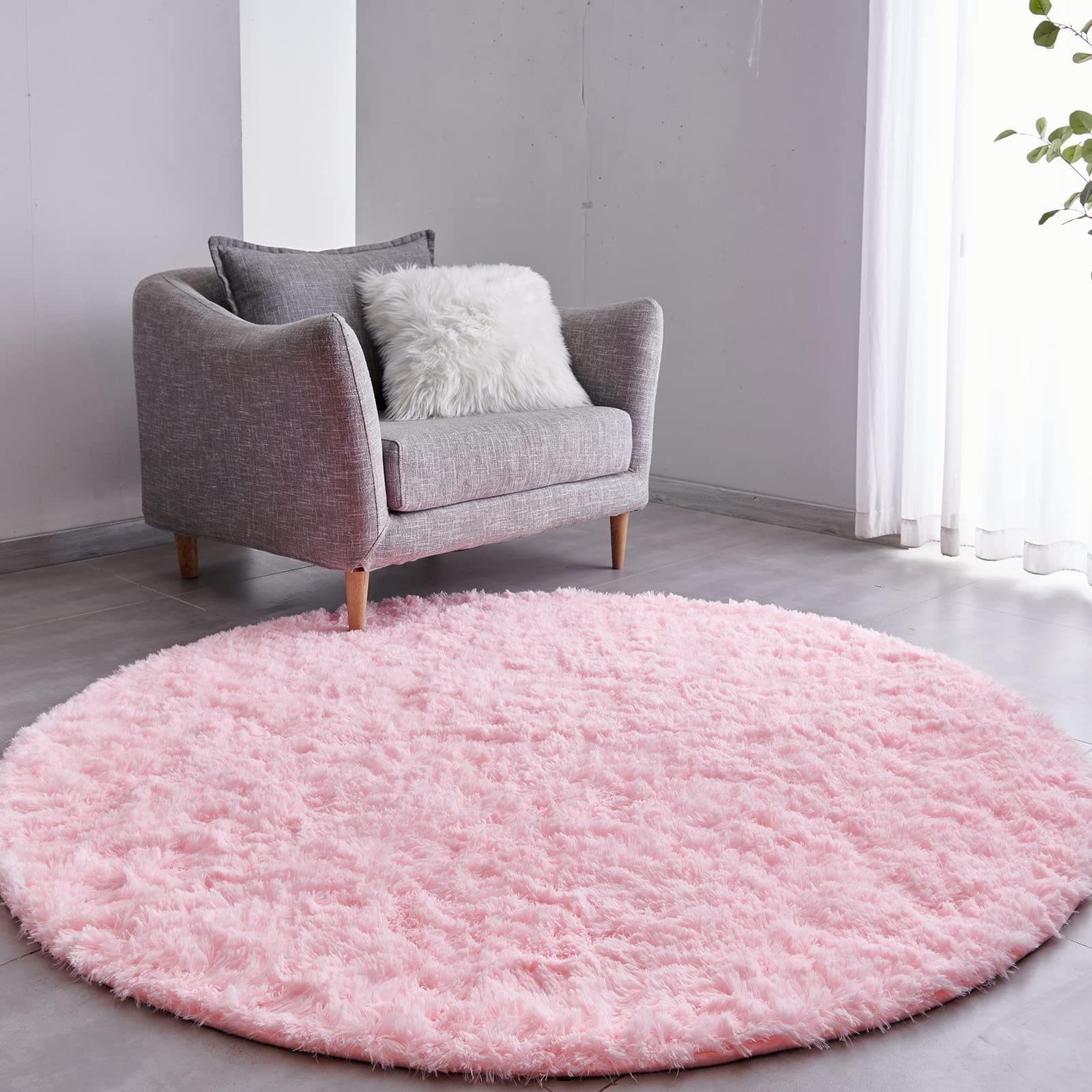 FJZFING Pink Round Rug Ultra-Soft Plush Modern 6x6 Circle Area Rug for Kid's Bedroom, Fluffy Shag Circular Rug for Nursery Room, Non-Slip Home Decor Cute Pink Carpet for Teen's RoomOEKO-TEX STANDARD 100