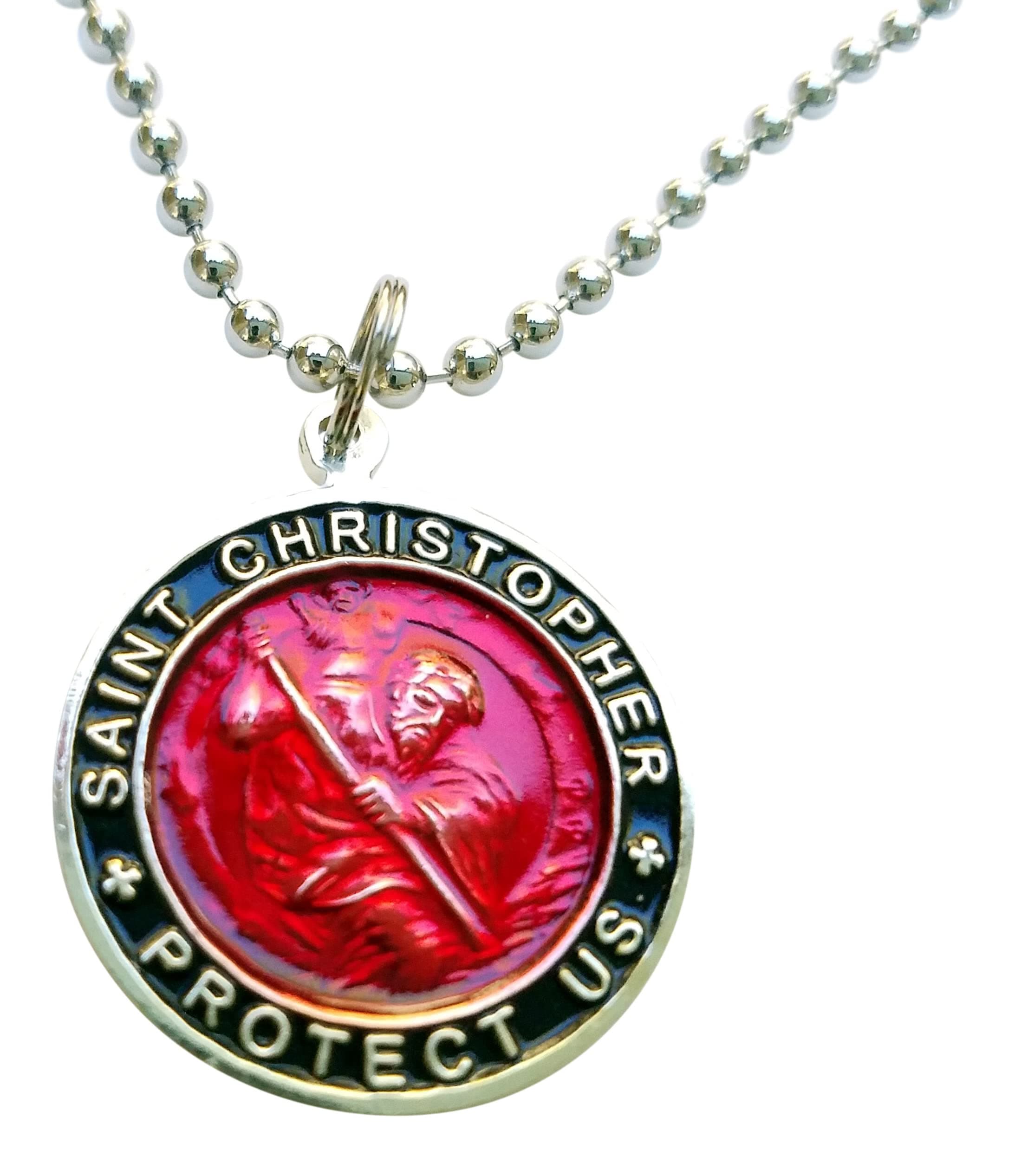 St. Christopher Surfer Necklace, Large Pendant, Red with Black Rim, 23 Inches
