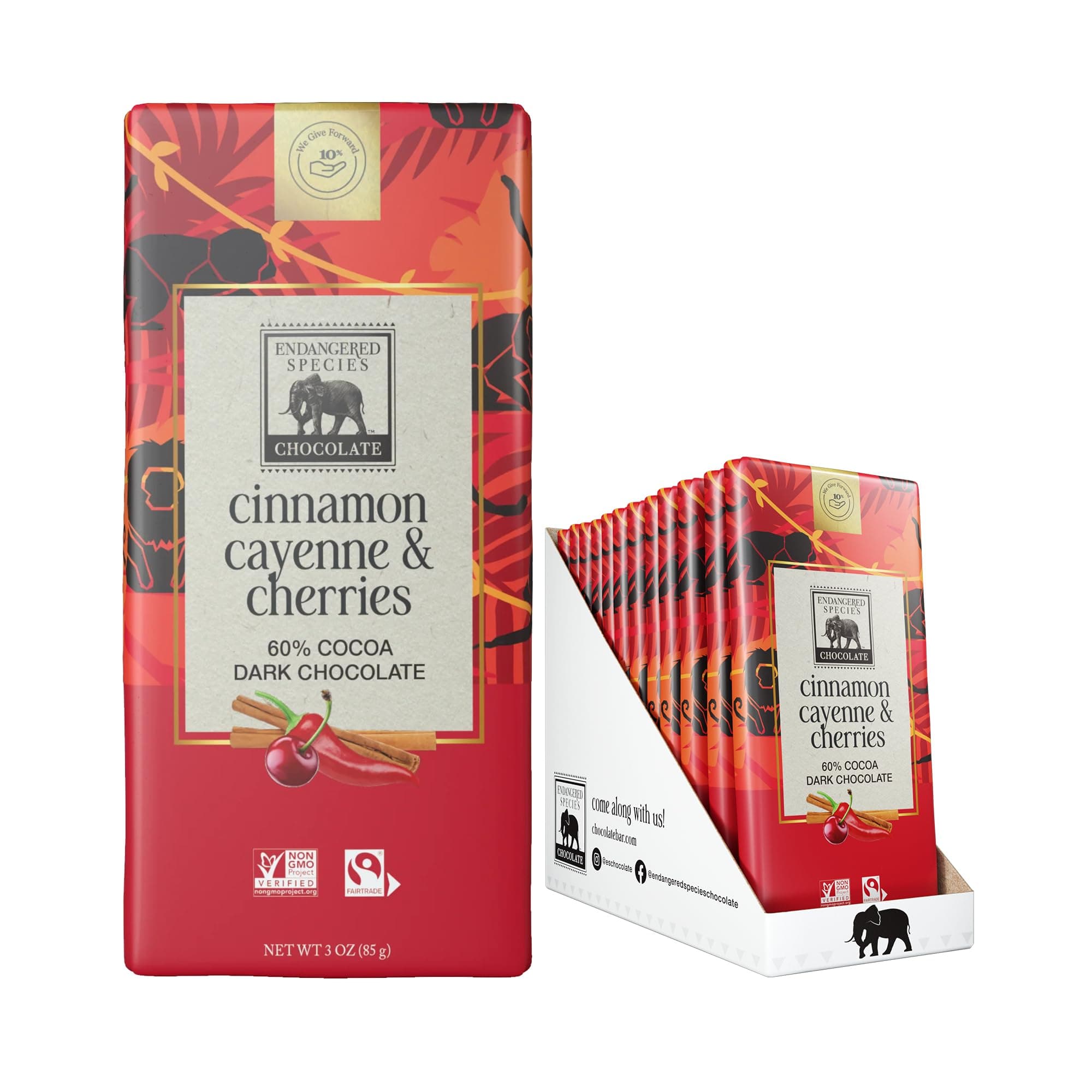 Endangered Species Natural Dark Chocolate Bar with Cinnamon Cayenne and Cherries, 3 Ounce - 12 per case.