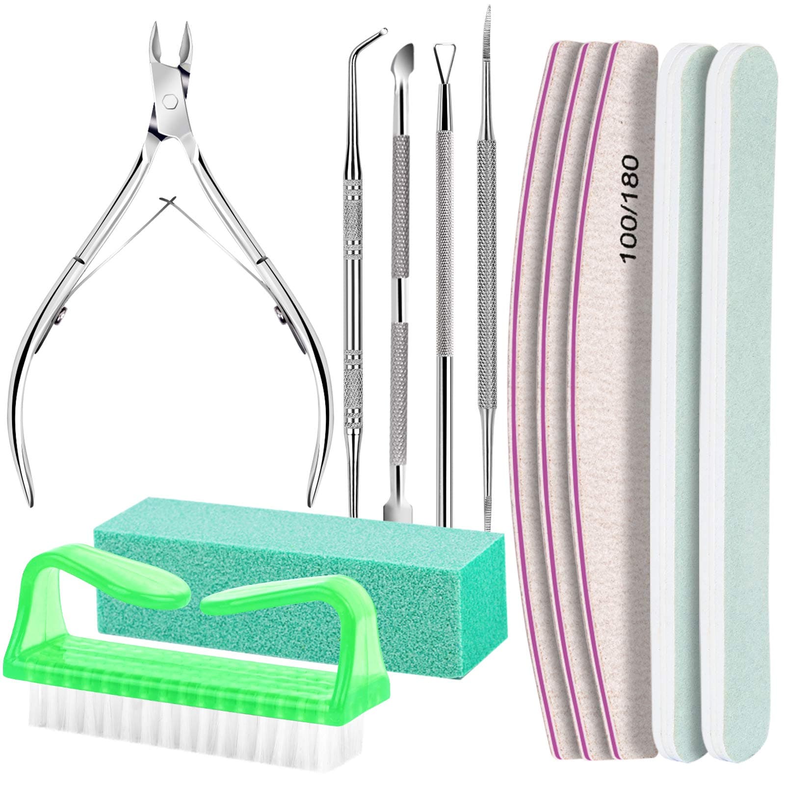 FANDAMEI Nail Tools, Care Kit, Files 100180, Buffer Block, Cuticle Nippers, Pusher, Peeler, Lifter for Ingrown Toenails, Toenail File, Manicure Green