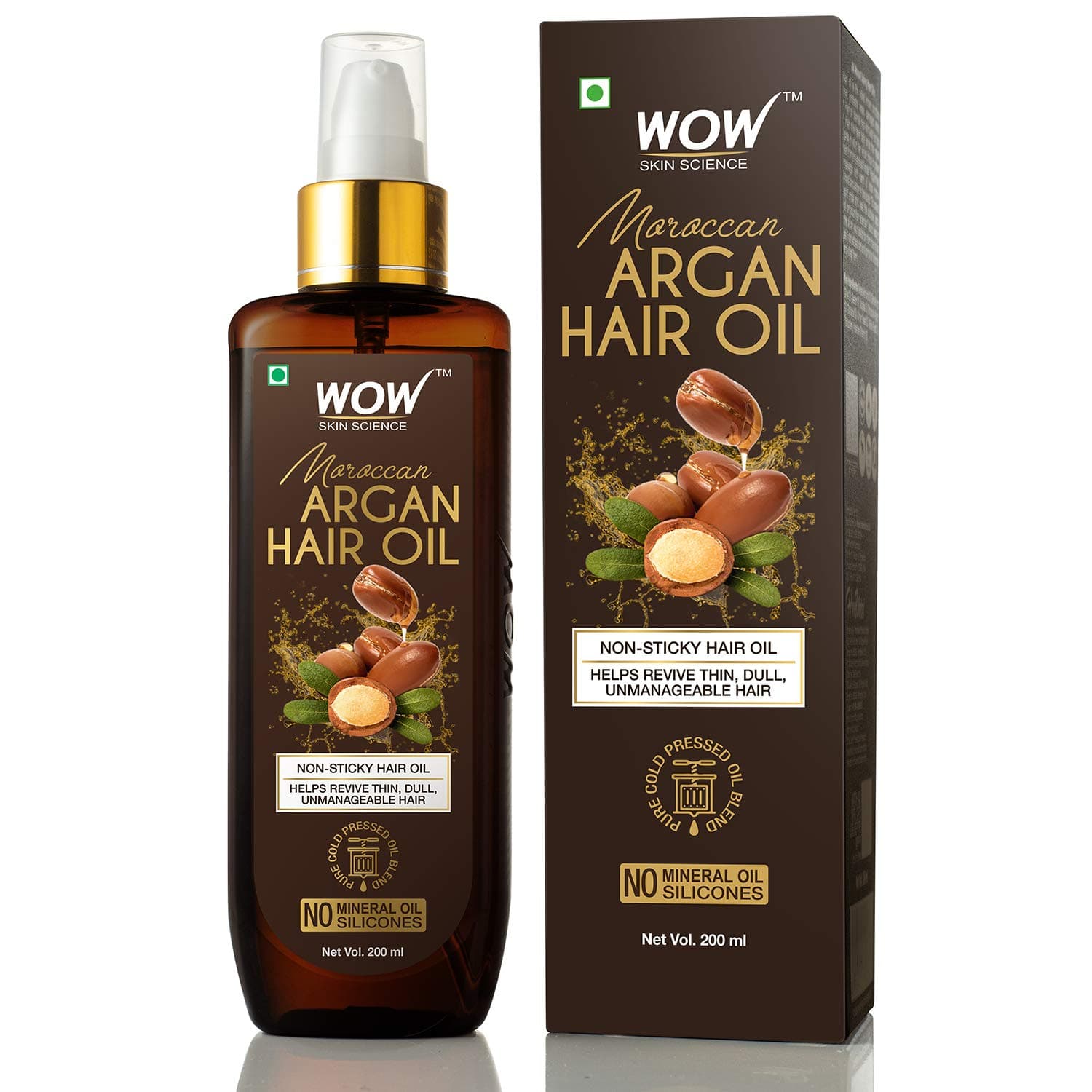 WOW Pure Cold Pressed Moroccan Argan Hair Oil No Mineral Oil & Silicones 200mL, multi