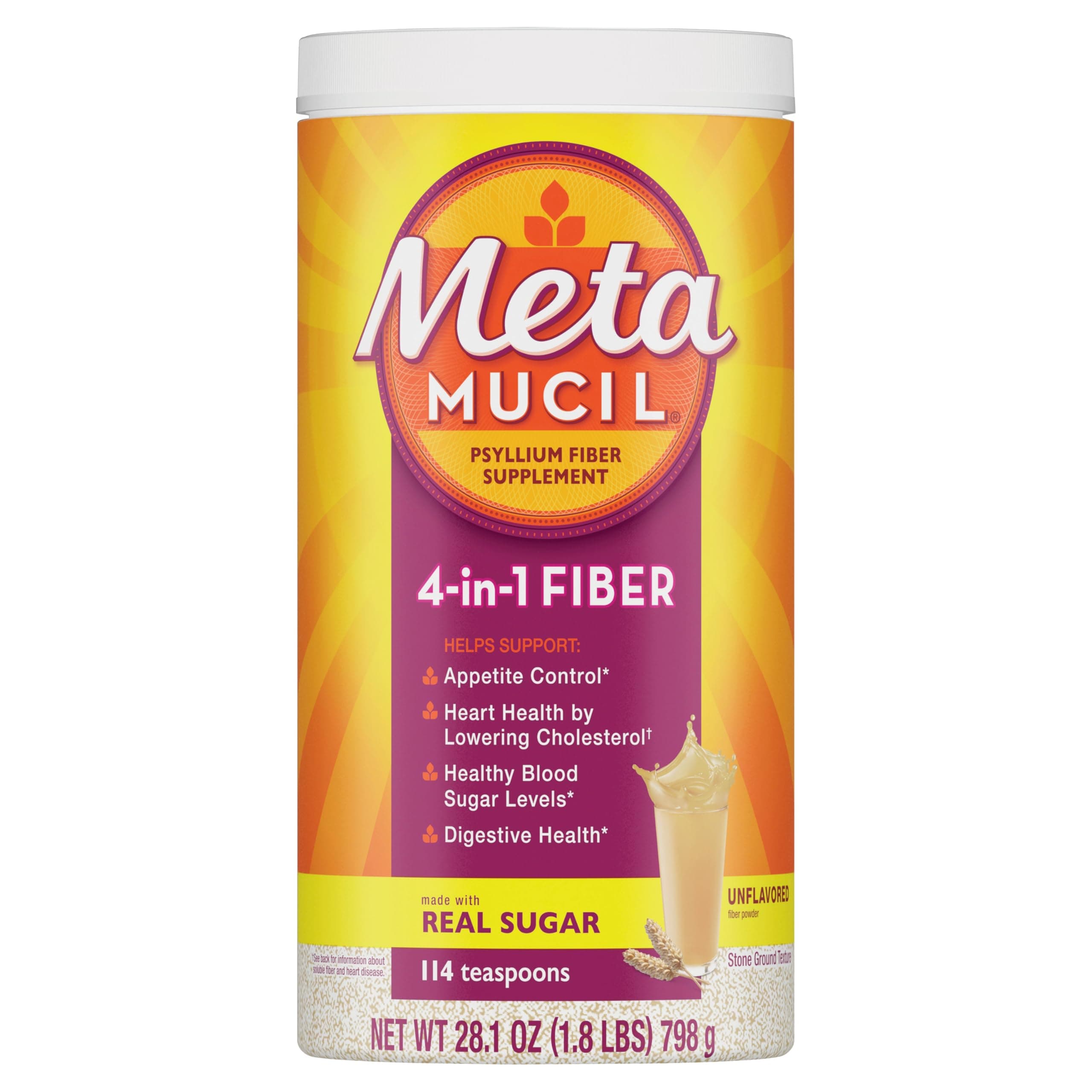 Metamucil, Psyllium Husk Powder, Unflavored Original Texture, with Sugar, 114 Servings, 4-in-1 Fiber Supplement, Daily Psyllium Husk Fiber Powder Help Support Digestive Health by Promoting Regularity*