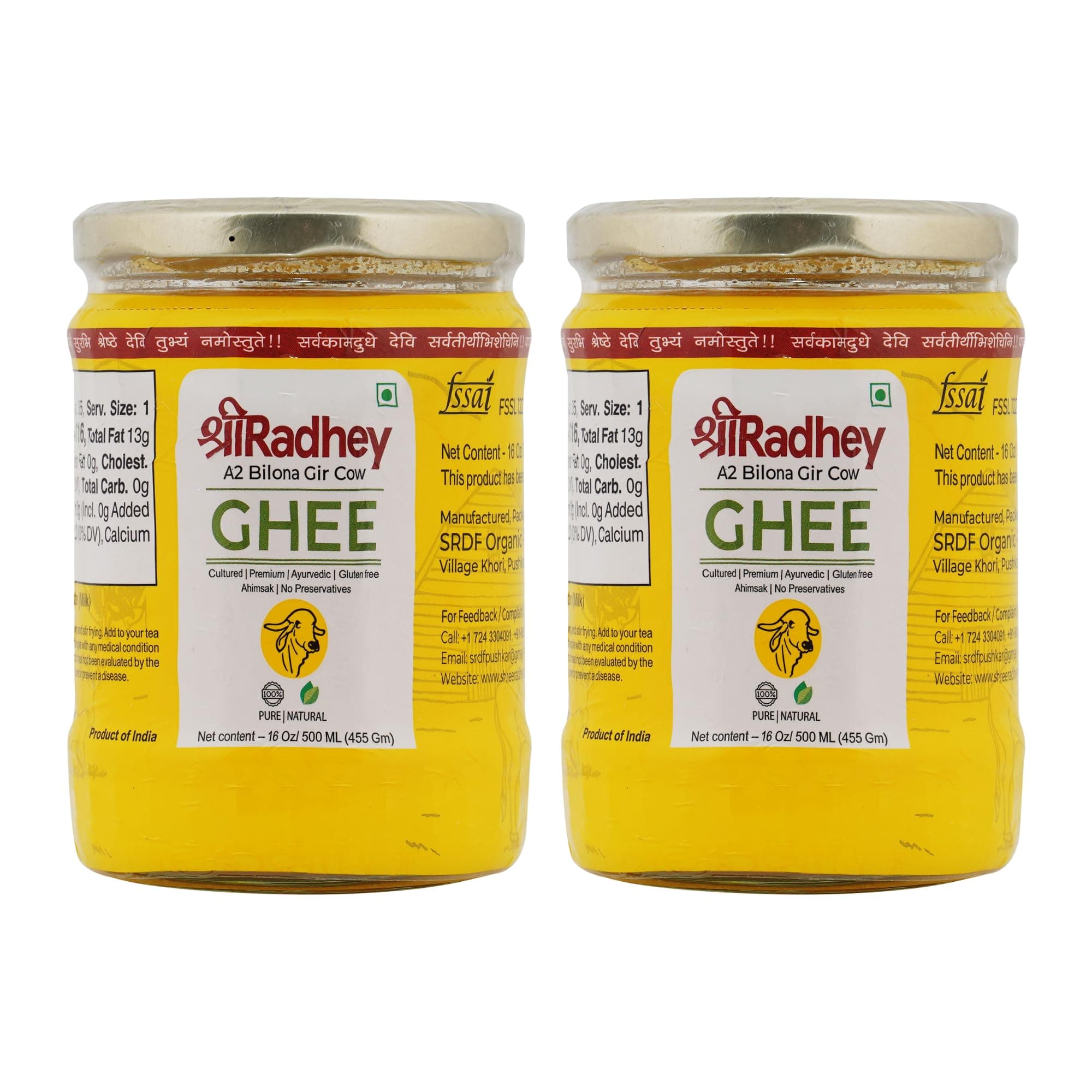 SHREE RADHEY A2 Bilona Gir Cow Ghee | 500 ML X 2 | Traditional Bilona Method | Cultured | Premium | Immunity Booster | Pure | Healthy | Fresh | Lactose and gluten free | Keto Friendly | Glass Bottle