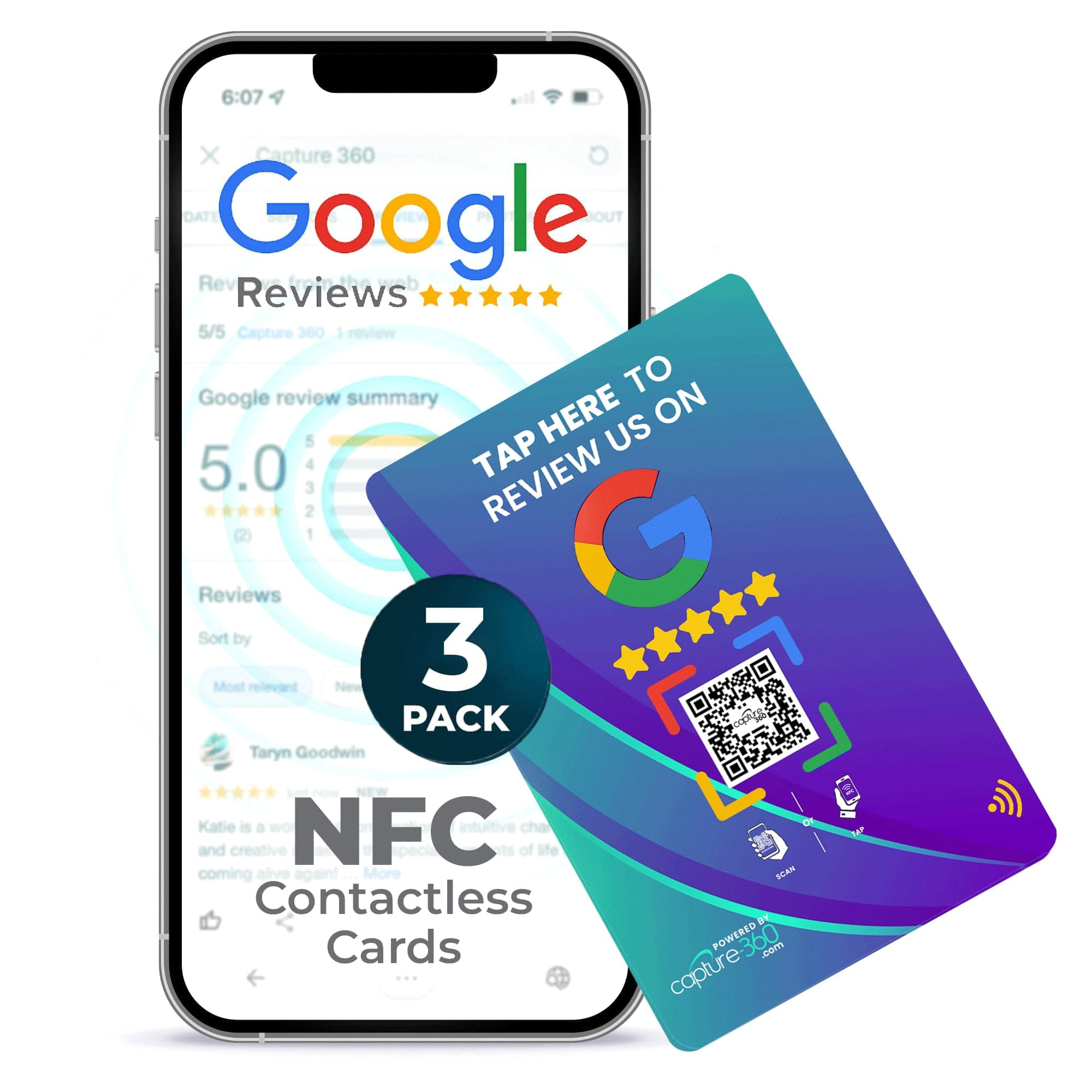 Capture 360 NFC Business Google Review Tap Card, Contactless, Enhances SEO, Saves Time, User-Friendly, Reusable, Boosts Online Presence & Encourages Business Feedback (Blue, 3-Pack Google Cards)
