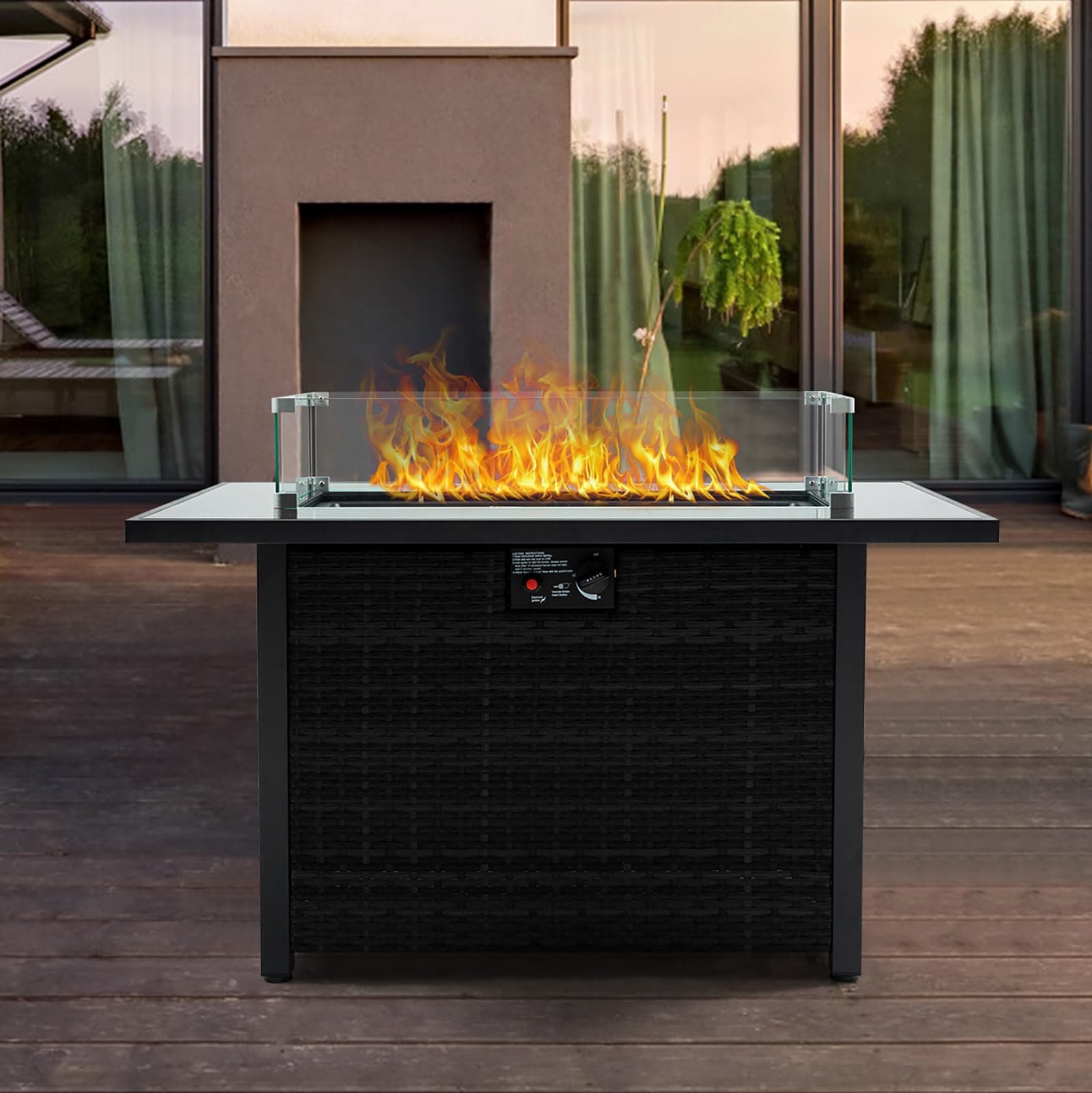 GuaziV Propane Fire Pit Table, Outdoor Patio Firepit, 50,000 BTU, Black, Rectangular, Iron, Modern, Tempered Glass Top & Wind Guard