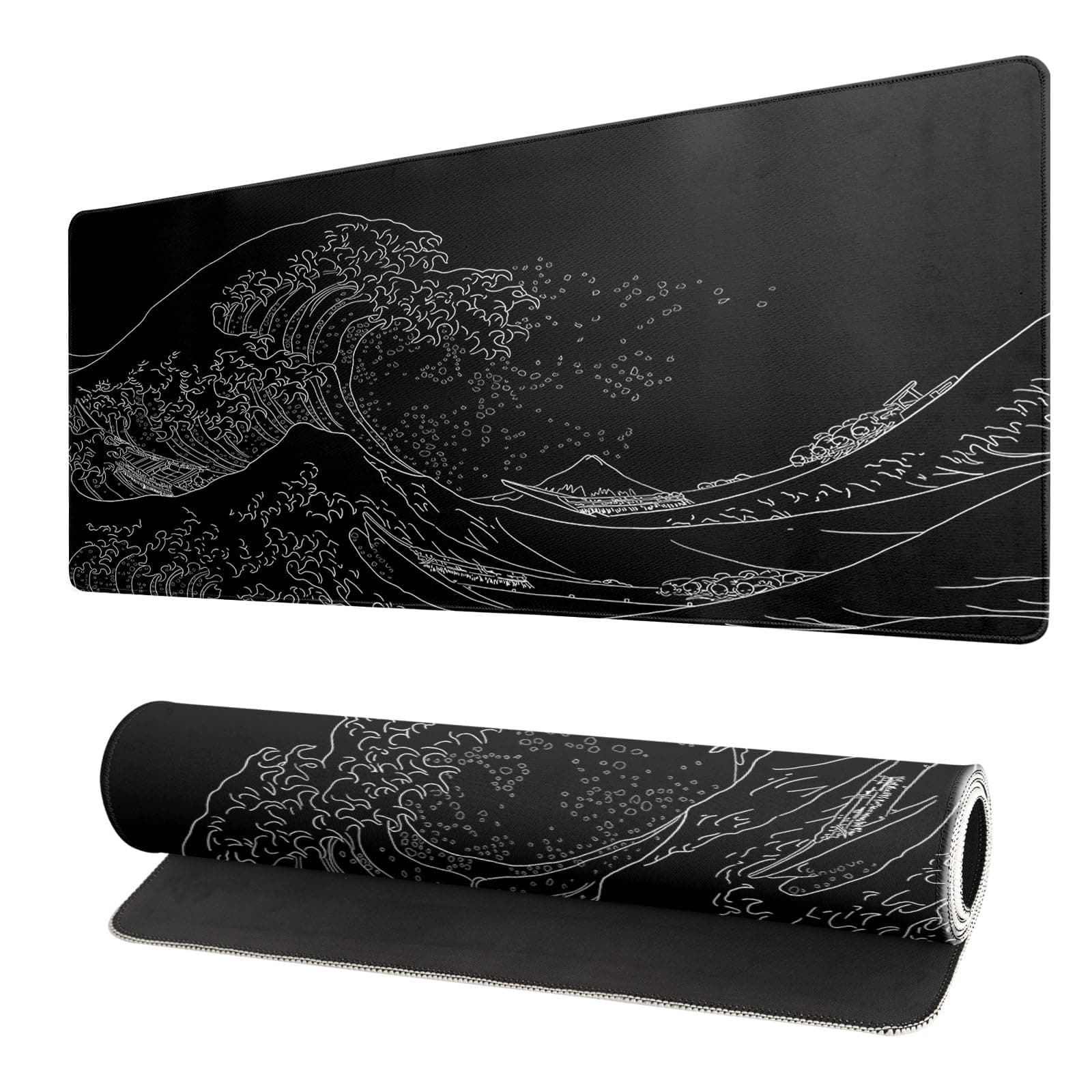 Japanese Sea Wave Large Mouse Pad, Anime Black Gaming Mouse Pad Extended Kanagawa Mouse Mat Desk Pad, 3mm Thick Long Non-Slip Rubber Base Mice Pad, 31.5 X 11.8 Inch