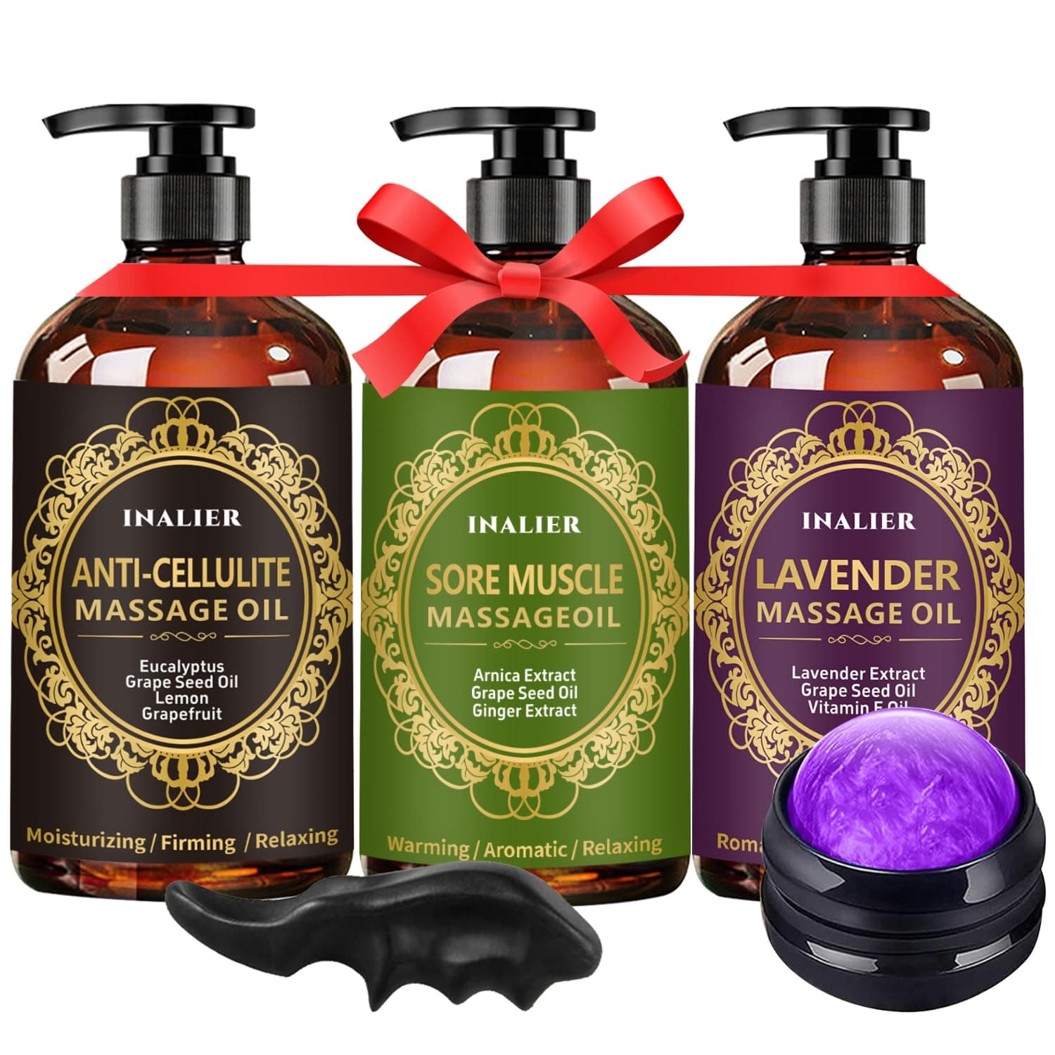 Massage Oil for Massage Therapy,Easter Basket Stuffers,3 Pack Cellulite Massage Oil,Sore Muscle Arnica Oil & Lavender Massage Body Oil with Massage Ball & Thumb Saver Tool,Easter Gifts for Men Women
