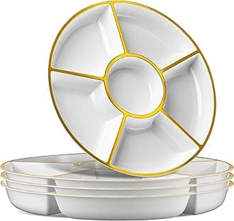 - 6 Sectional Round Plastic Serving Tray/Platter (2, White & Gold)