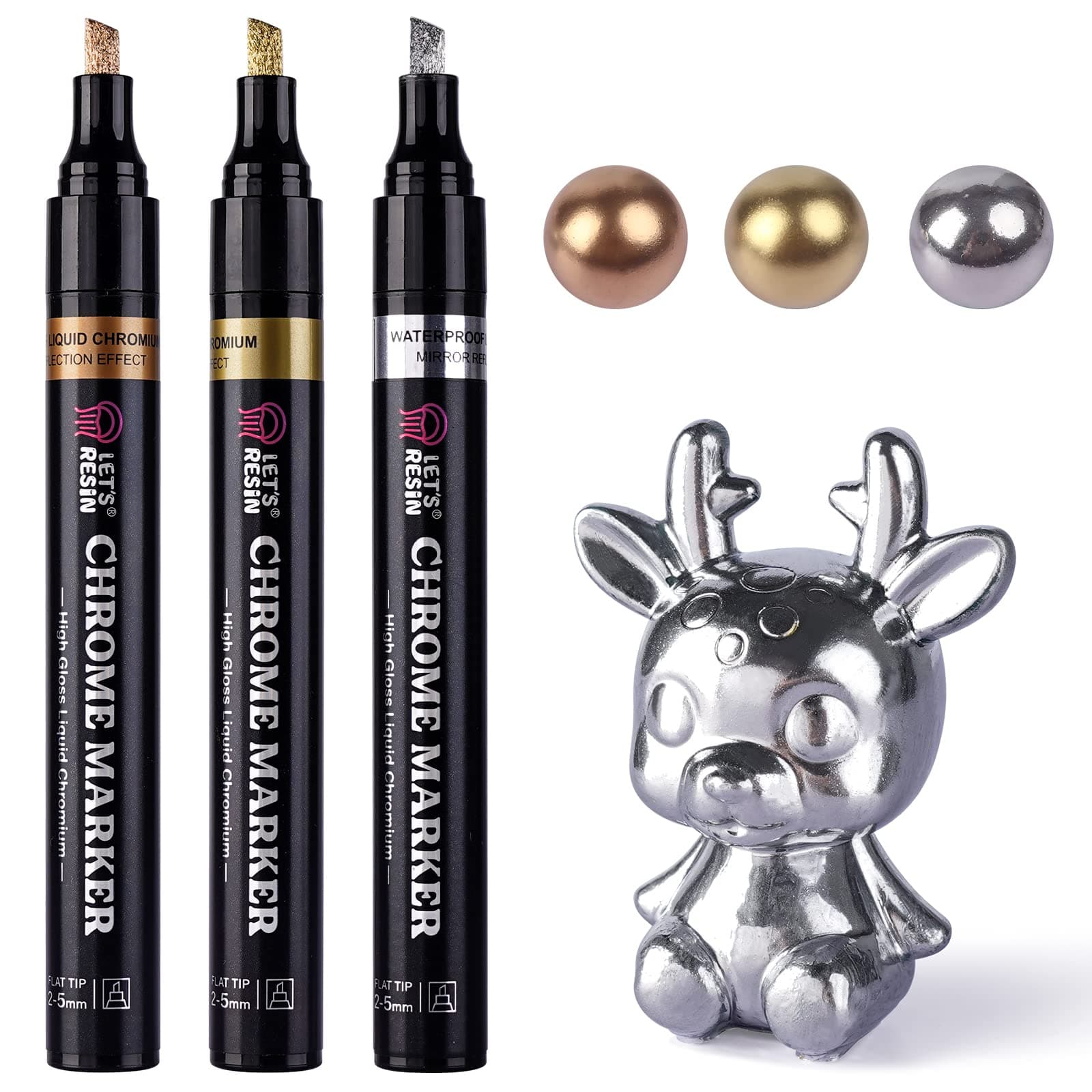 LET'S RESIN Metallic Chrome Markers, 3 Colors Liquid Mirror Metallic Marker Pens, Reflective Gloss, 2-5mm Larger Application Area, Epoxy Resin Accessories for Coloring, Stroke, Painting, DIY Craft
