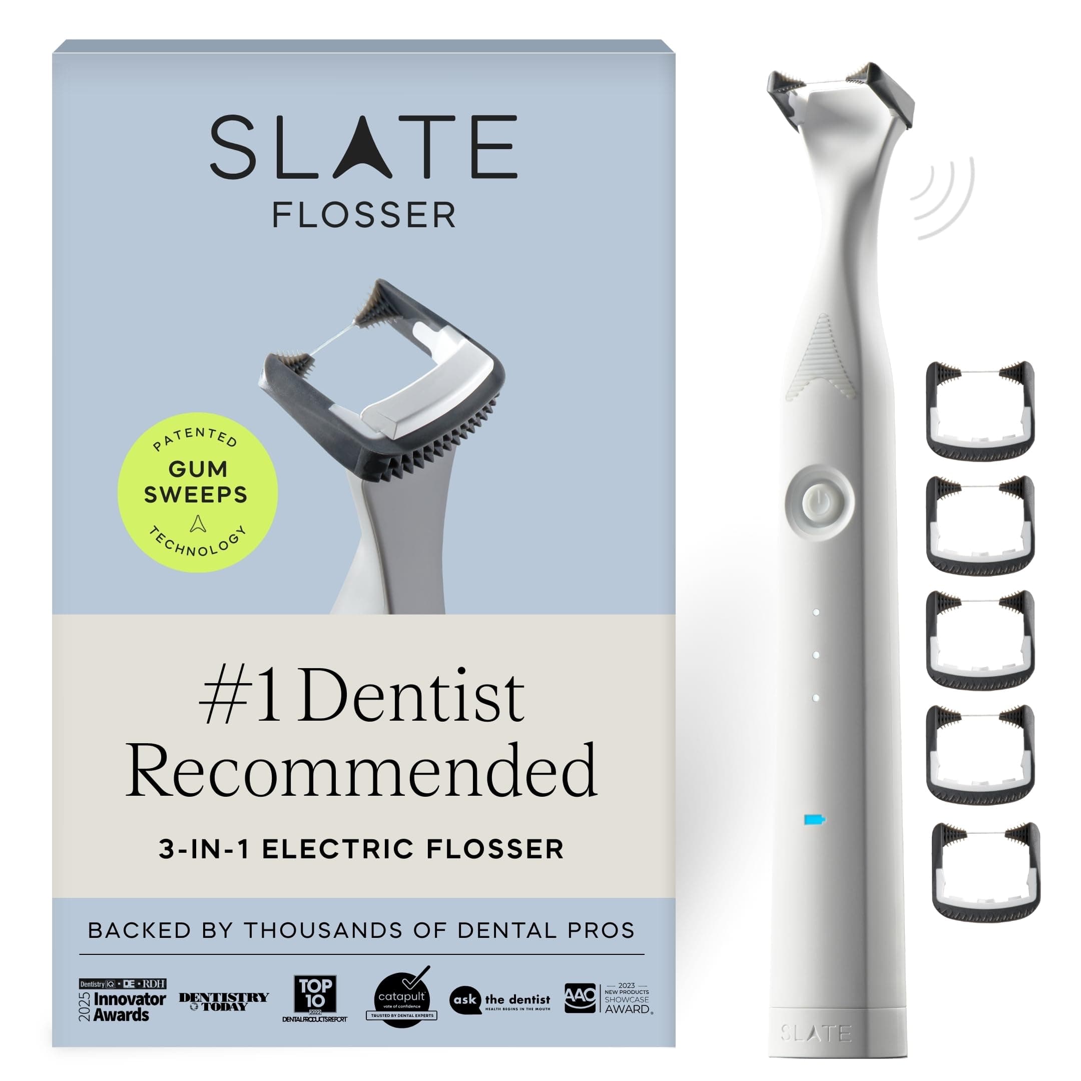 Slate Electric Flosser - Rechargeable | 3-in-1 Dentist-Invented with Reusable Floss Heads, Gum Brushes & Tongue Scraper | More Effective Than String or Water Floss