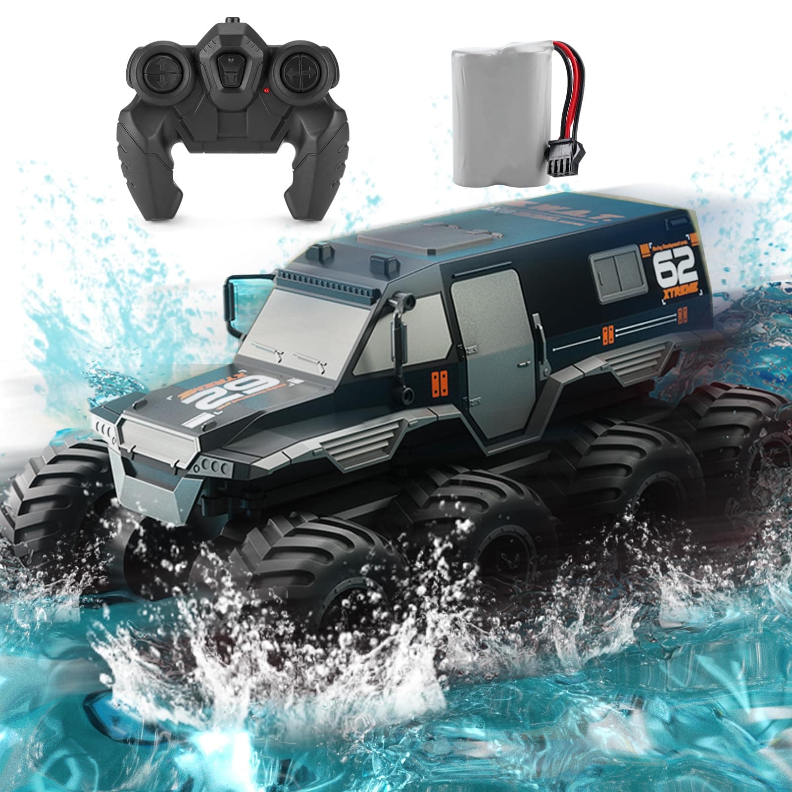 1:12 Large Amphibious Remote Control Car Monster Truck - 8WD All Terrain Waterproof RC Toy for Kids, 7.4V High-Speed Remote Control Car for Boys Girls Ages 6-12, Perfect Birthday Gifts -Black