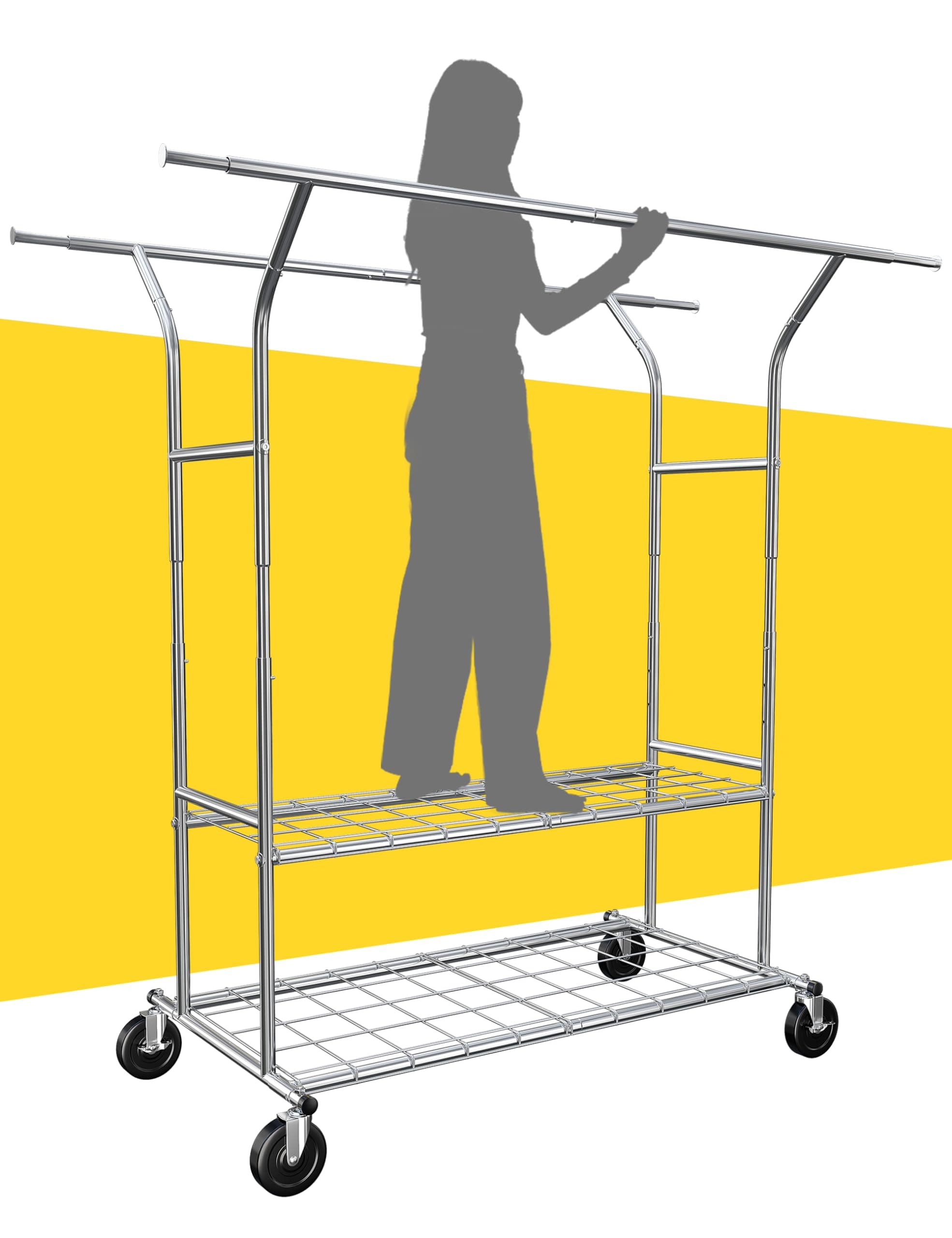 Raybee Heavy Duty Commercial Clothes Rack, 74"W x 25"D x 70"H, 650 lbs Capacity, No Wobbling, Durable Metal Poles, Easy Assembly, Smooth Lockable Wheels, Fully Adjustable