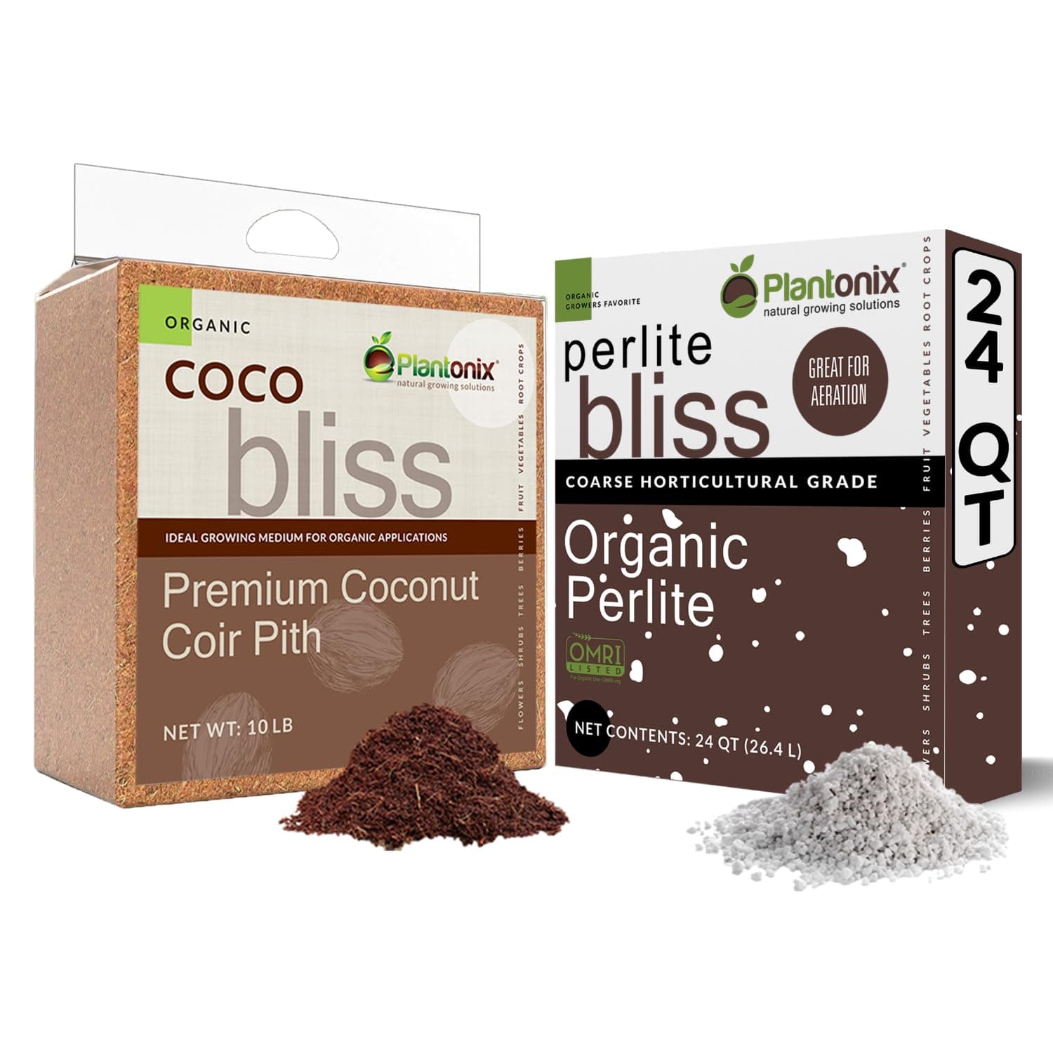 Coco Bliss (10lbs) + Perlite Bliss (24 Qts) - Coco Coir Brick & Organic Perlite for Plants - Coco Coir Perlite Mix - Organic Coco Coir for Plants - Coconut Coir Bulk Garden Soil & Potting Soil Mix