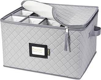BALEINE China Storage Containers, Sturdy Quilted Wine Glass Storage, Plate Organizer with Carry Handles, Moving Boxes for Dishes, Cups, Mugs and Stemware (Wine Glasses, Soft Shell Grey)