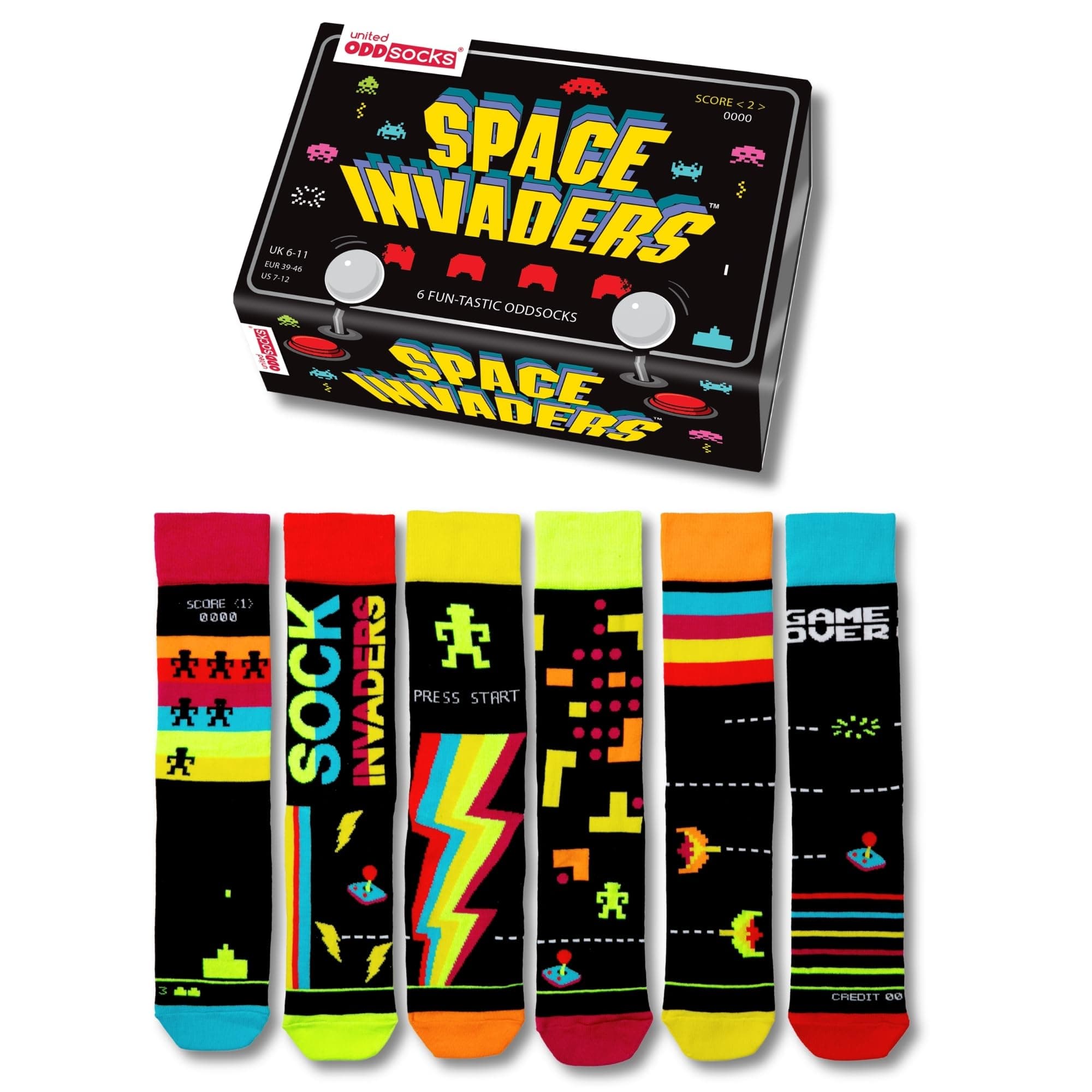 Novelty Mens Socks Space Invaders - Box of 6 Men Oddsocks US 7-12