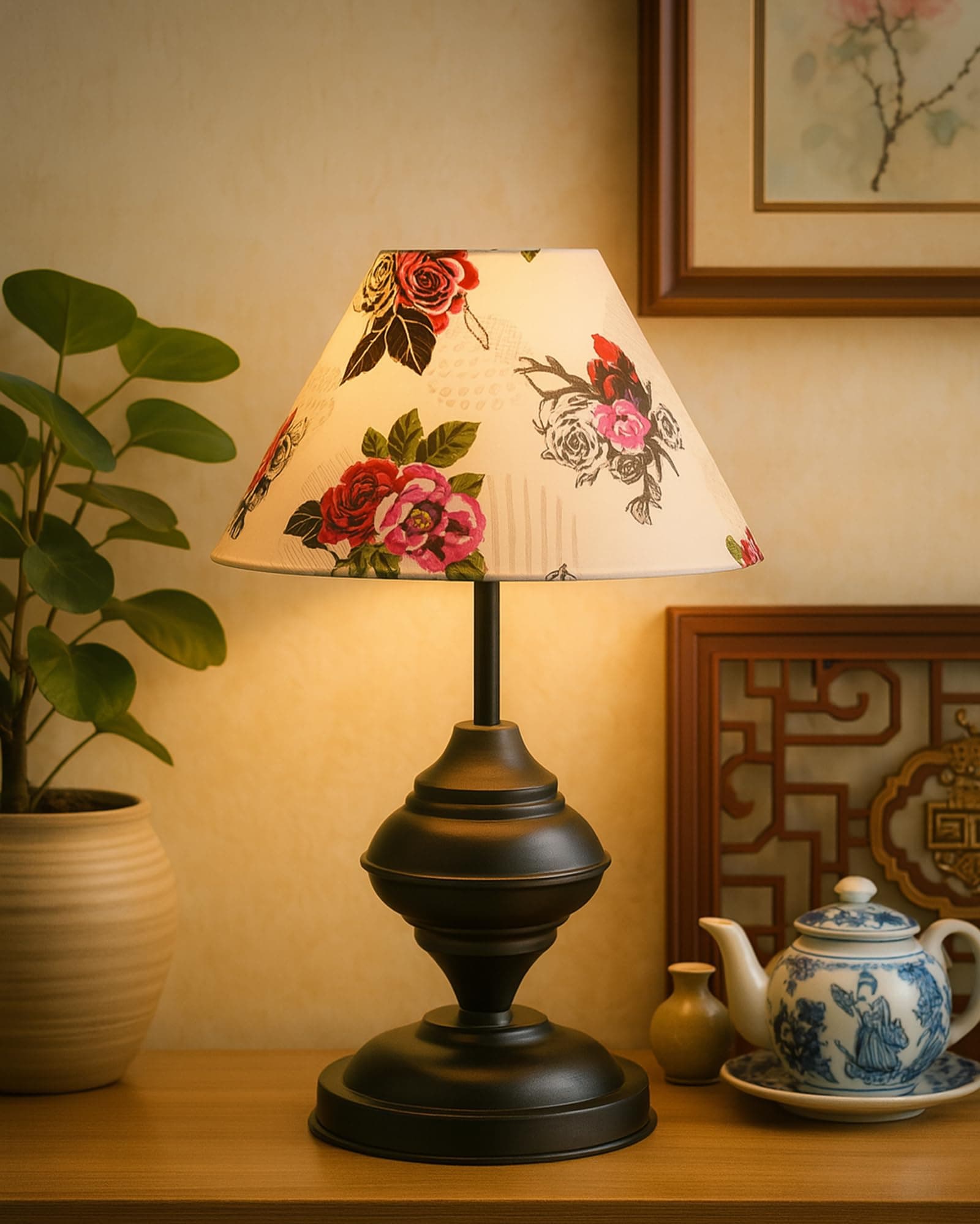 Homesake ® Black Metal Table Lamp with Fabric Shade, Incandescent, E27 Holder, Urn, (Cone Rose)